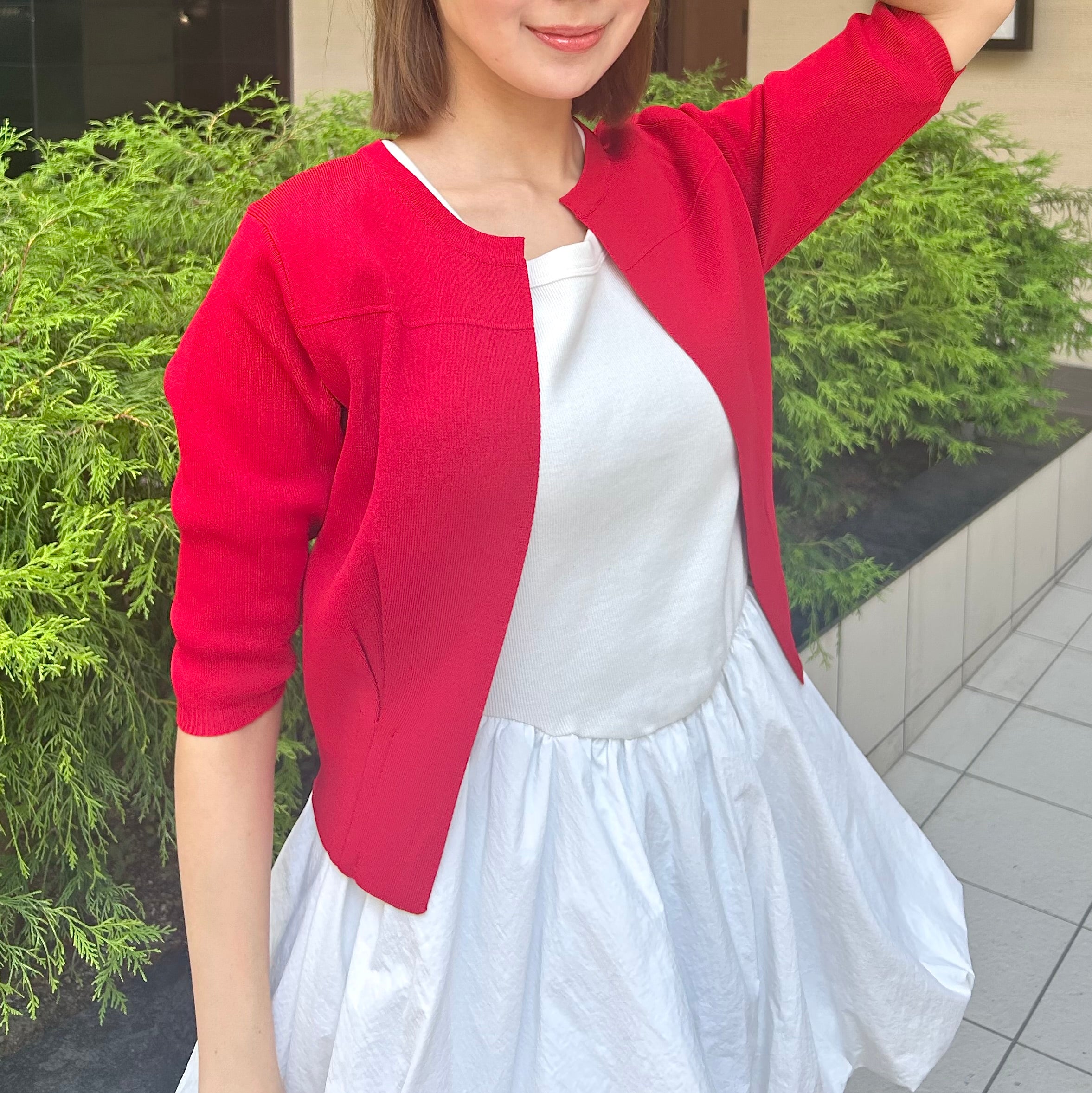 5部袖タック入りカーディガン -レッド- ※8/6〜12迄に順次発送予定