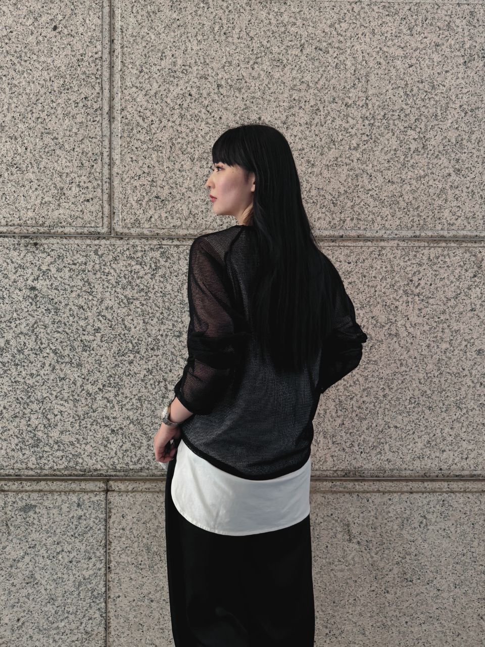 【ASYMM】TWIST LINE MESH TOPS -black-
