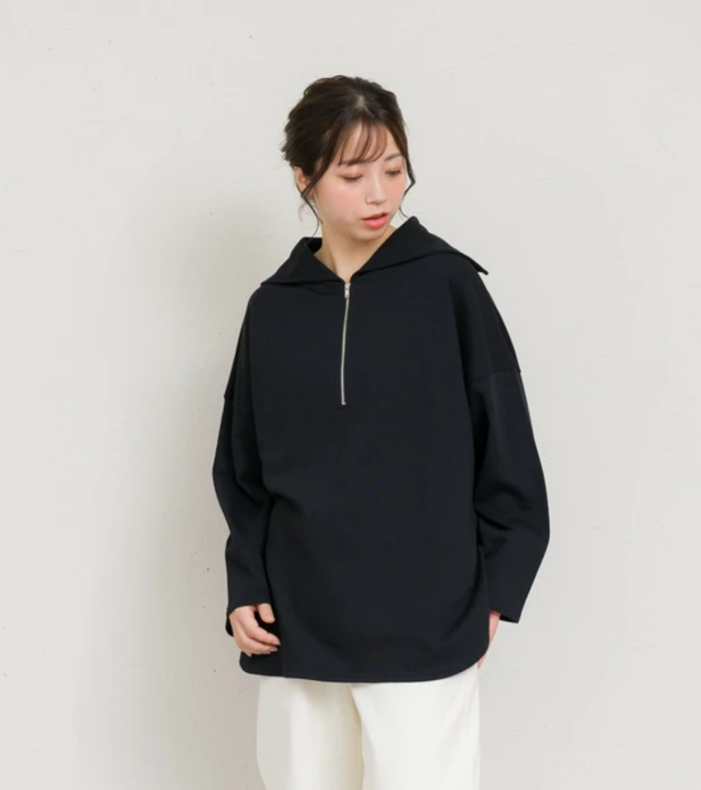 【予約】コットン裏毛ジップアッププルオーバー -ブラック-   ※9月下旬より順次発送