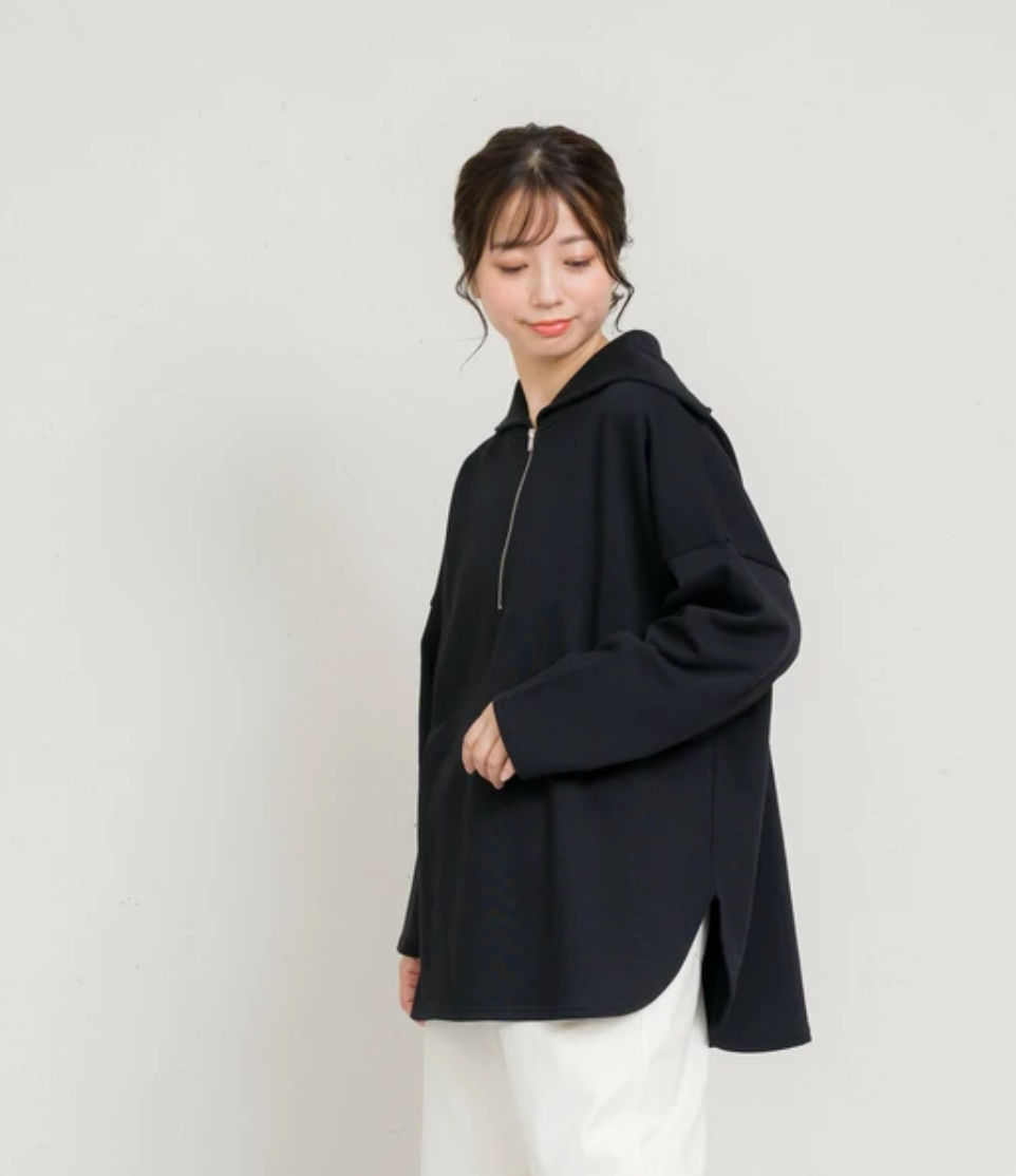 【予約】コットン裏毛ジップアッププルオーバー -ブラック-   ※9月下旬より順次発送