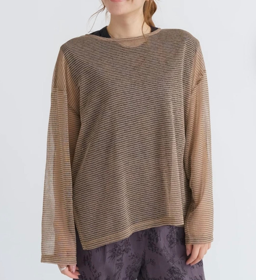 シアーボーダーオーバーサイズトップス ブラック×ベージュ ※9/24〜30より順次発送