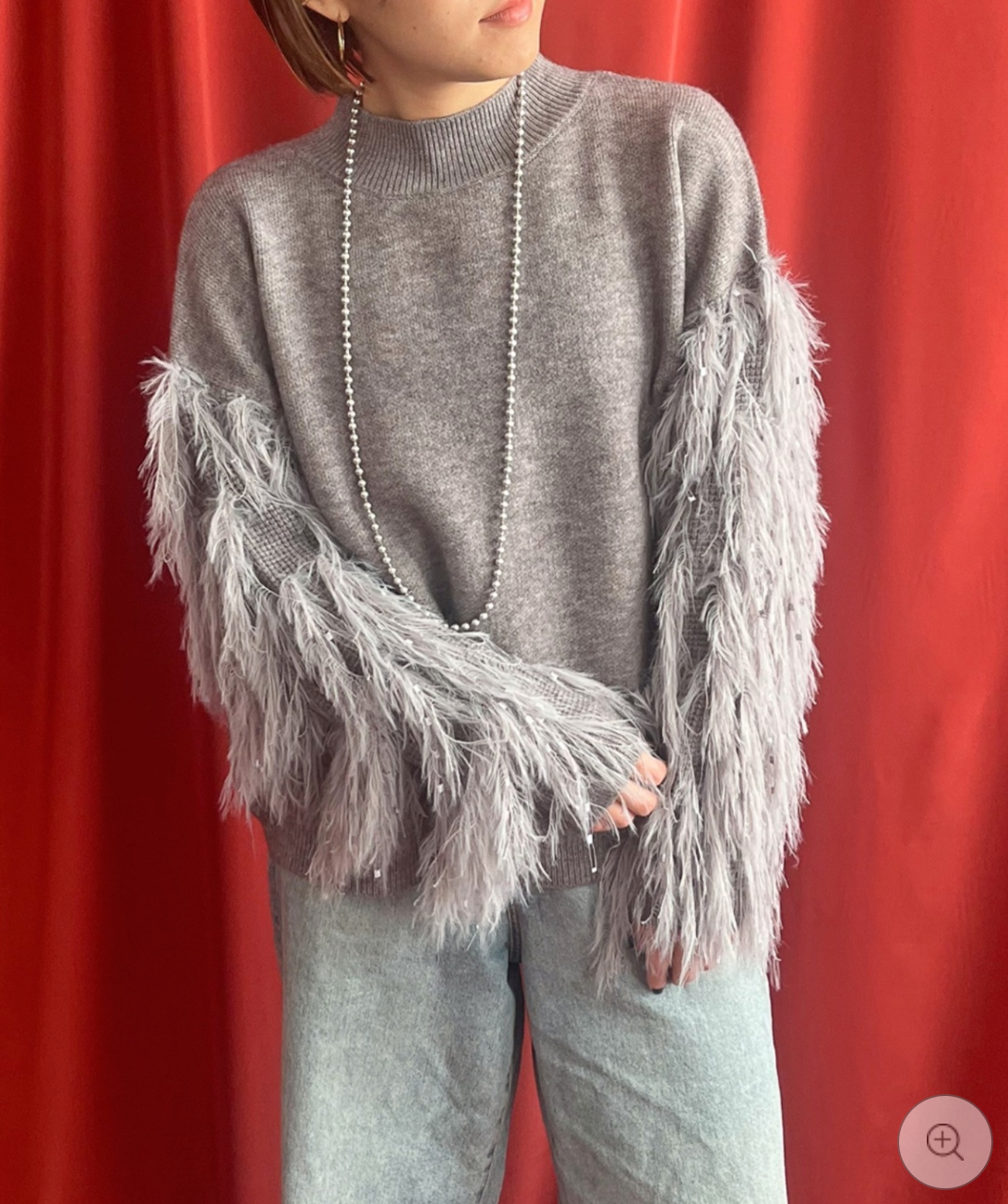 【LHELBIE】フリンジスリーブニットトップス  -グレー- ※10/22-28頃より順次配送予定