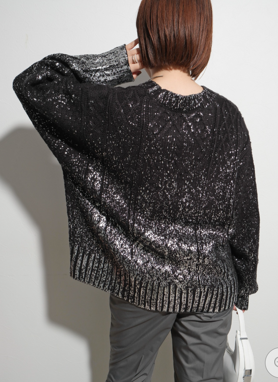 【Palm Riche】ケーブル箔プリントニット  -ブラック- ※10/22-28頃より順次配送予定