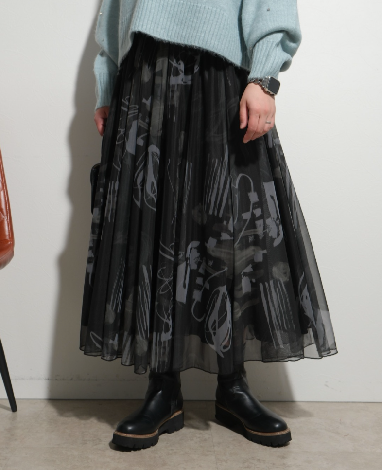 【Palm Riche】オリジナル柄シアースカート  -ブラック- ※10/22-28頃より順次配送予定