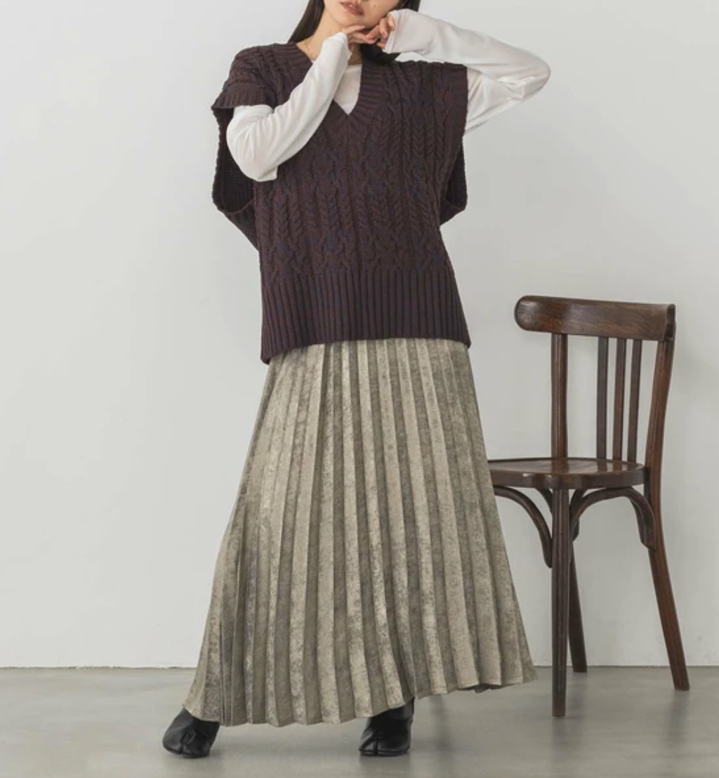 【WDQ6867-44】メランジ ケーブル編み ニットベスト    -ブラウンミックス- ※12/17〜23頃より順次発送予定