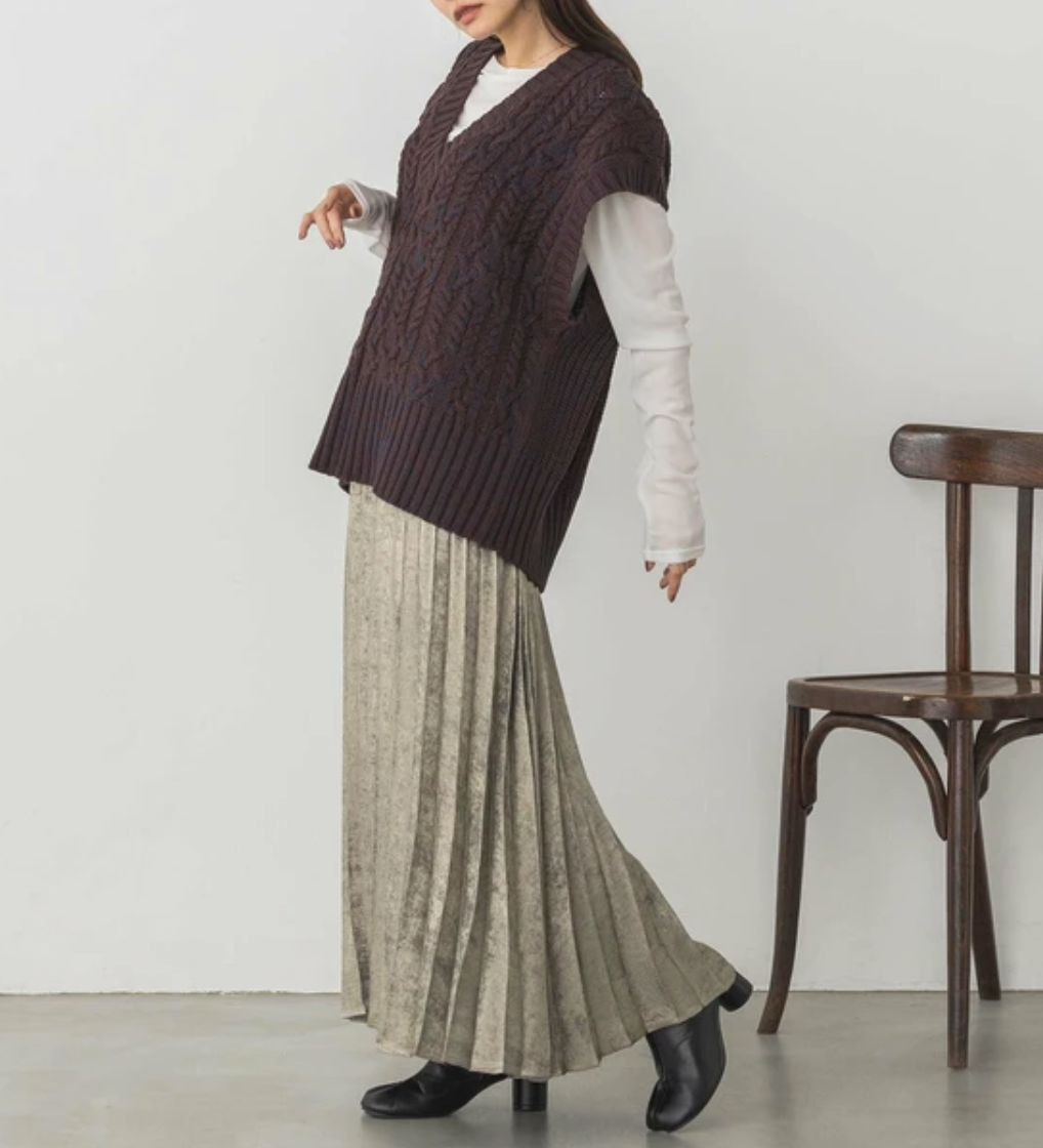 【WDQ6867-44】メランジ ケーブル編み ニットベスト    -ブラウンミックス- ※12/17〜23頃より順次発送予定