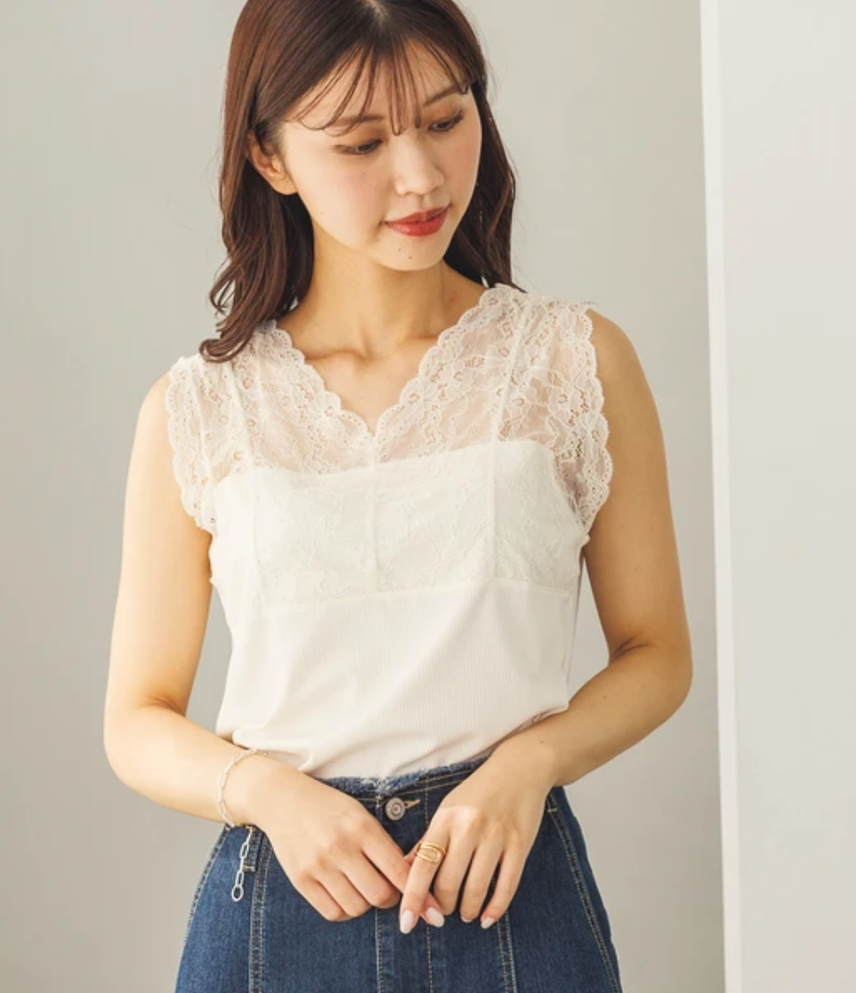 【WYS6710-02】リブ+レース タンクトップ  -オフ- ※11/5-11頃より順次配送予定