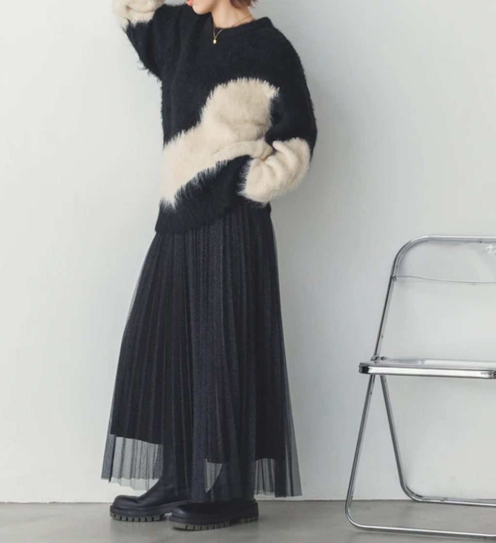 【WQN4964-07】ラメチュール チュールプリーツスカート   -ブラック- ※11/4-11頃より順次配送予定