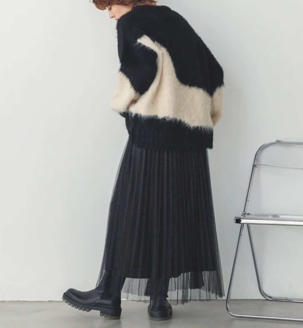 【WQN4964-07】ラメチュール チュールプリーツスカート   -ブラック- ※11/4-11頃より順次配送予定