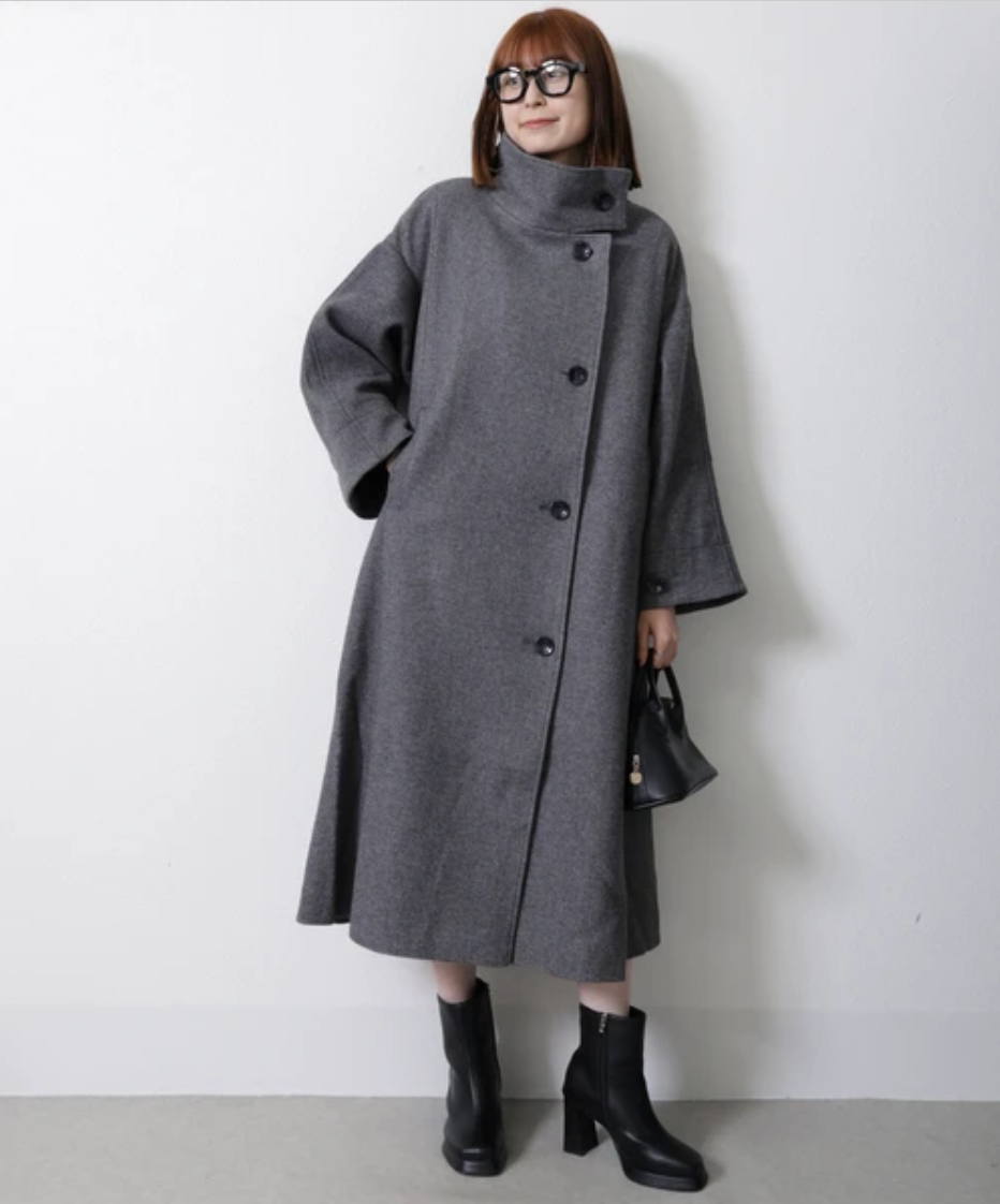 襟ビックデザイン ロングスタンドカラーコート -グレー- ※11/5~11/11頃より順次発送