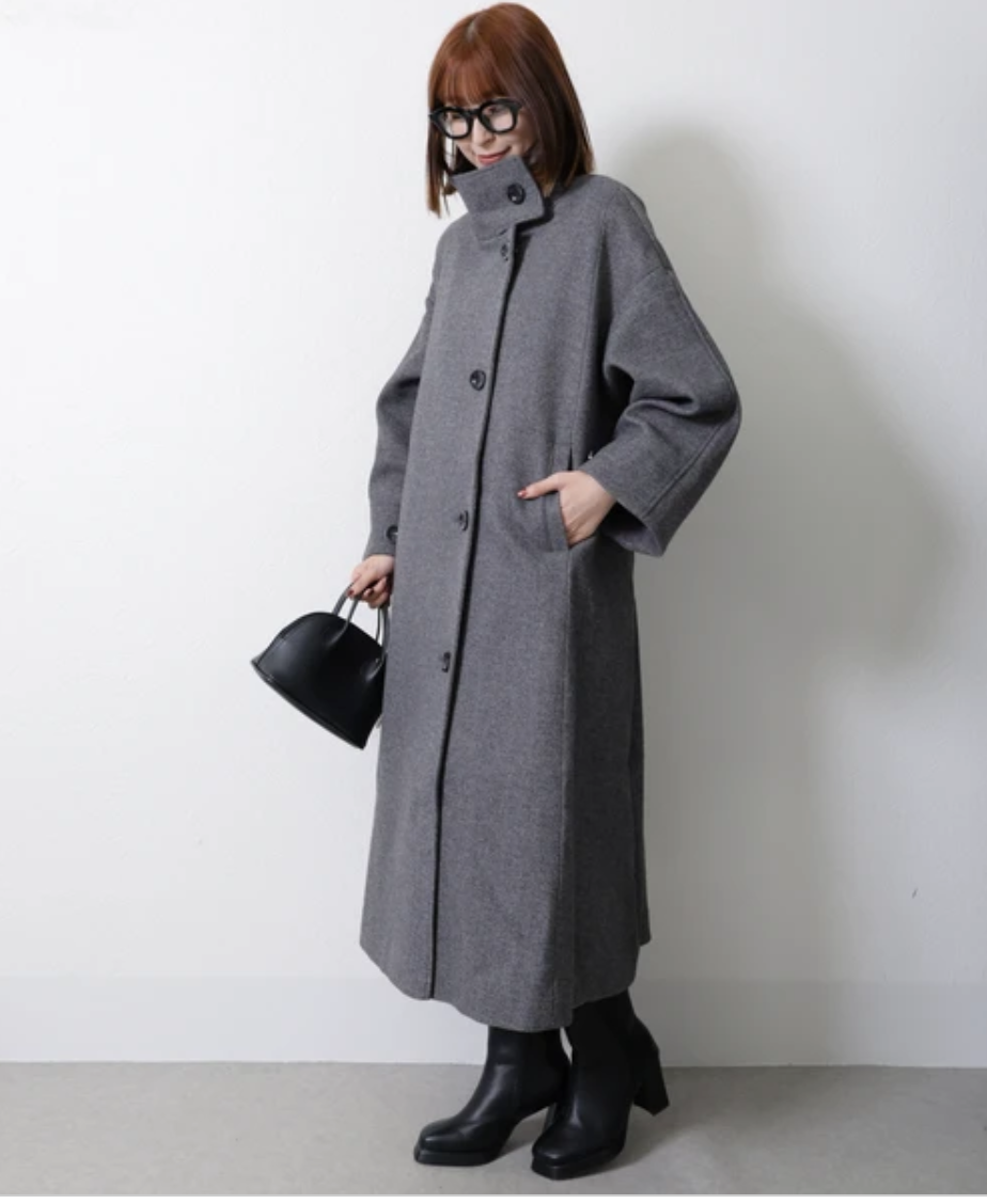 襟ビックデザイン ロングスタンドカラーコート -グレー- ※11/5~11/11頃より順次発送