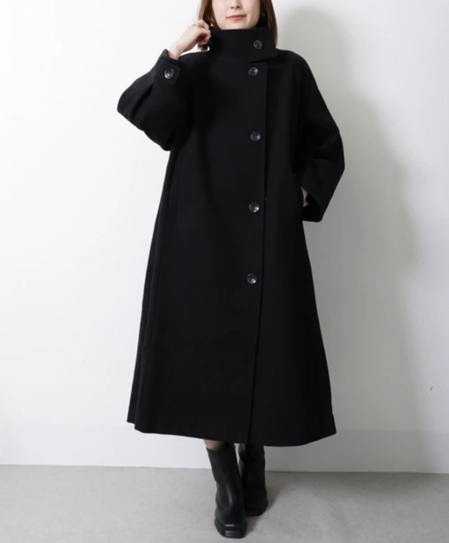 襟ビックデザイン ロングスタンドカラーコート -ブラック- ※11/5~11/11頃より順次発送