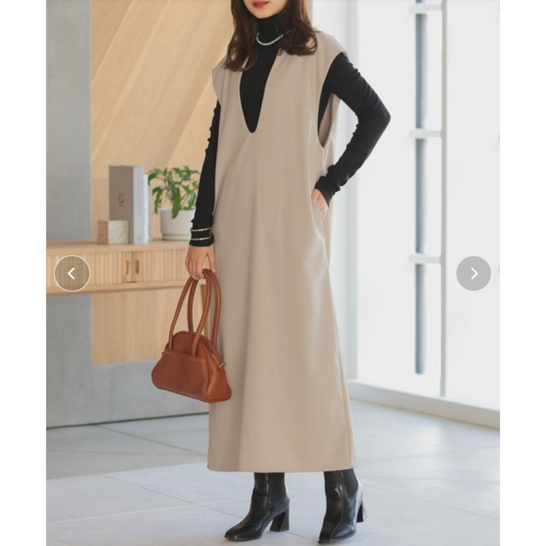 キーネックフレンチスリーブロングワンピース -ベージュ- ※10/29〜11/4より順次配送