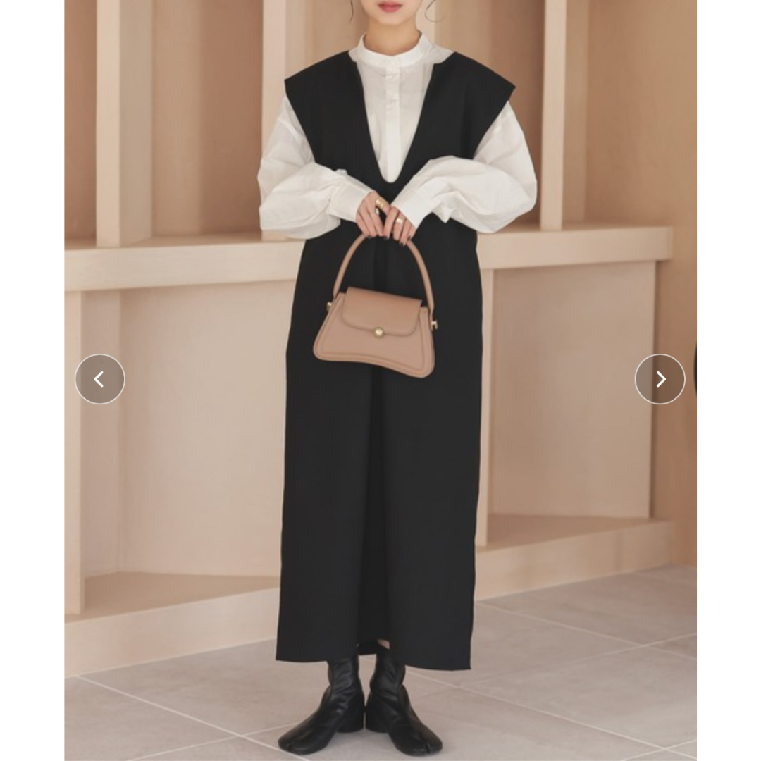 キーネックフレンチスリーブロングワンピース -ブラック- ※10/29〜11/4より順次配送