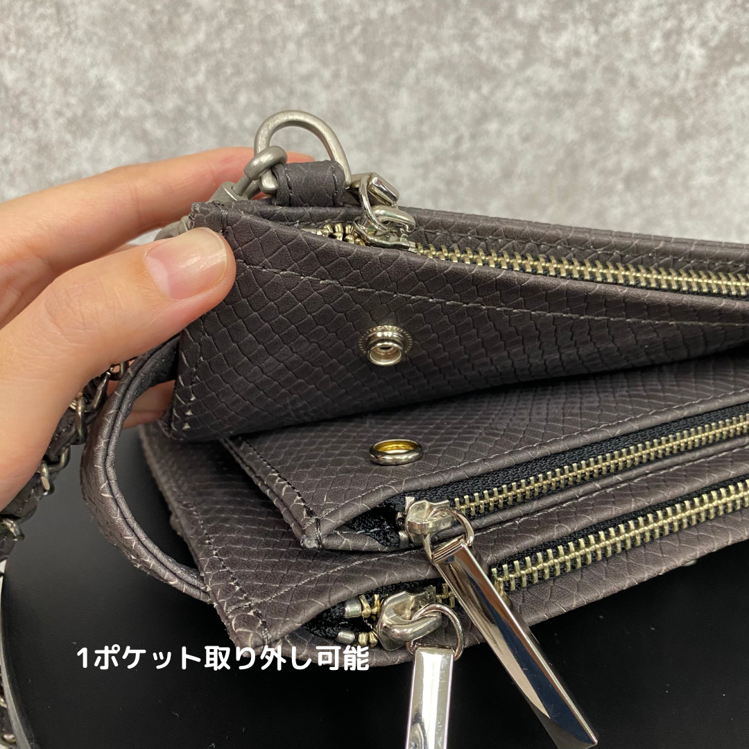 【MUL105-SL-1】レイヤードウォレットショルダー リザード型押し(グレー) シルバーライン(細) ※10/29〜11/2より順次配送