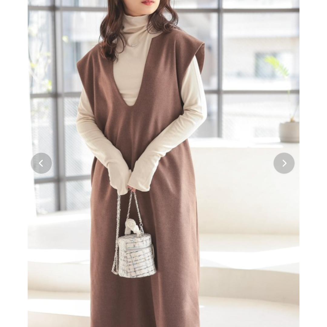 キーネックフレンチスリーブロングワンピース -ブラウン- ※10/29〜11/4より順次配送