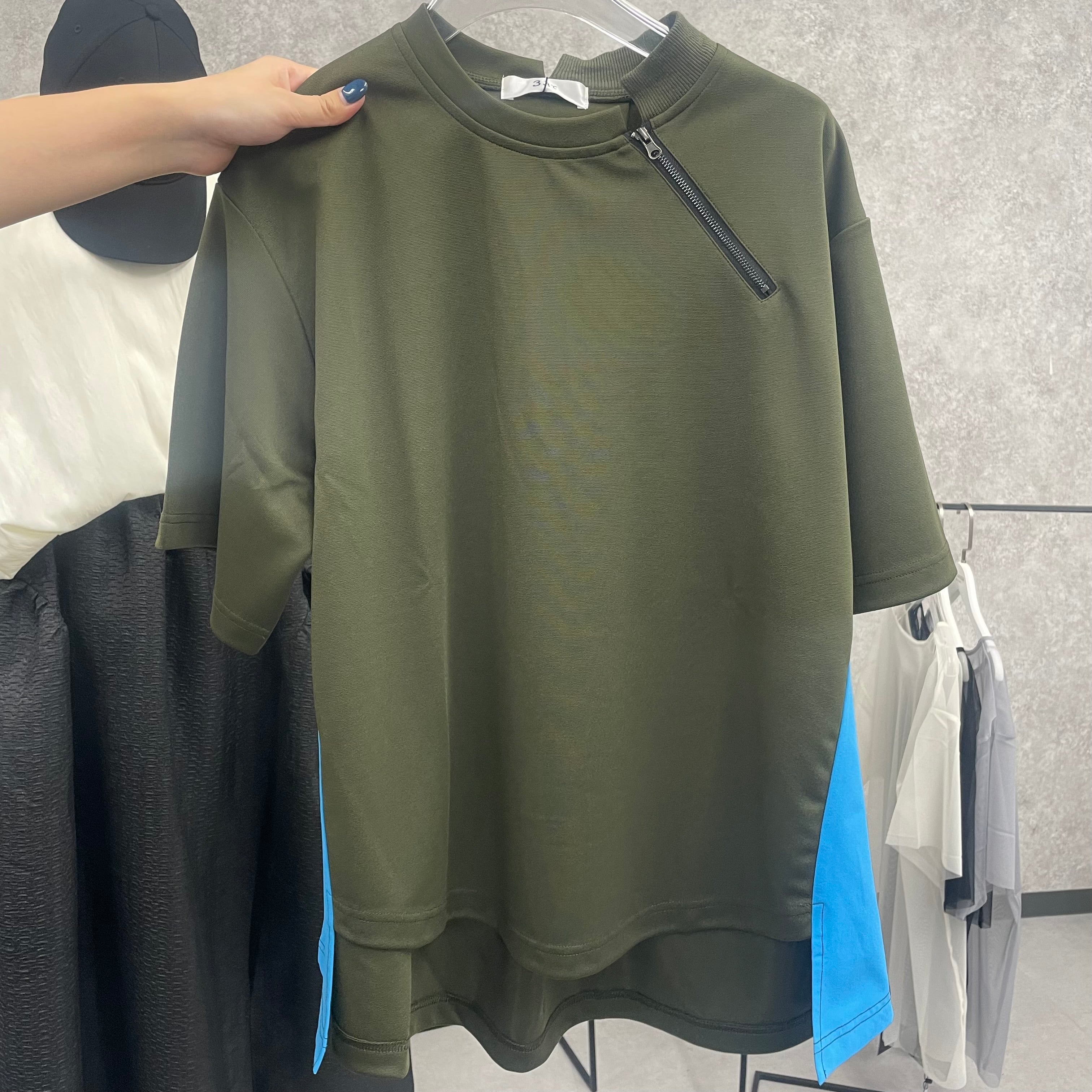 2段リブ切替zipプルオーバー-カーキ×ブルー- ※9/10~16より配送予定