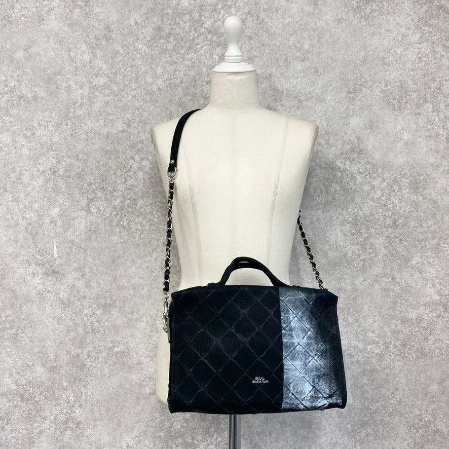 【MUL106-WH】キューブショルダー デニムレザーキルティング(ブラック) ホワイトライン ※10/29〜11/2より弊社事務所から順次発送
