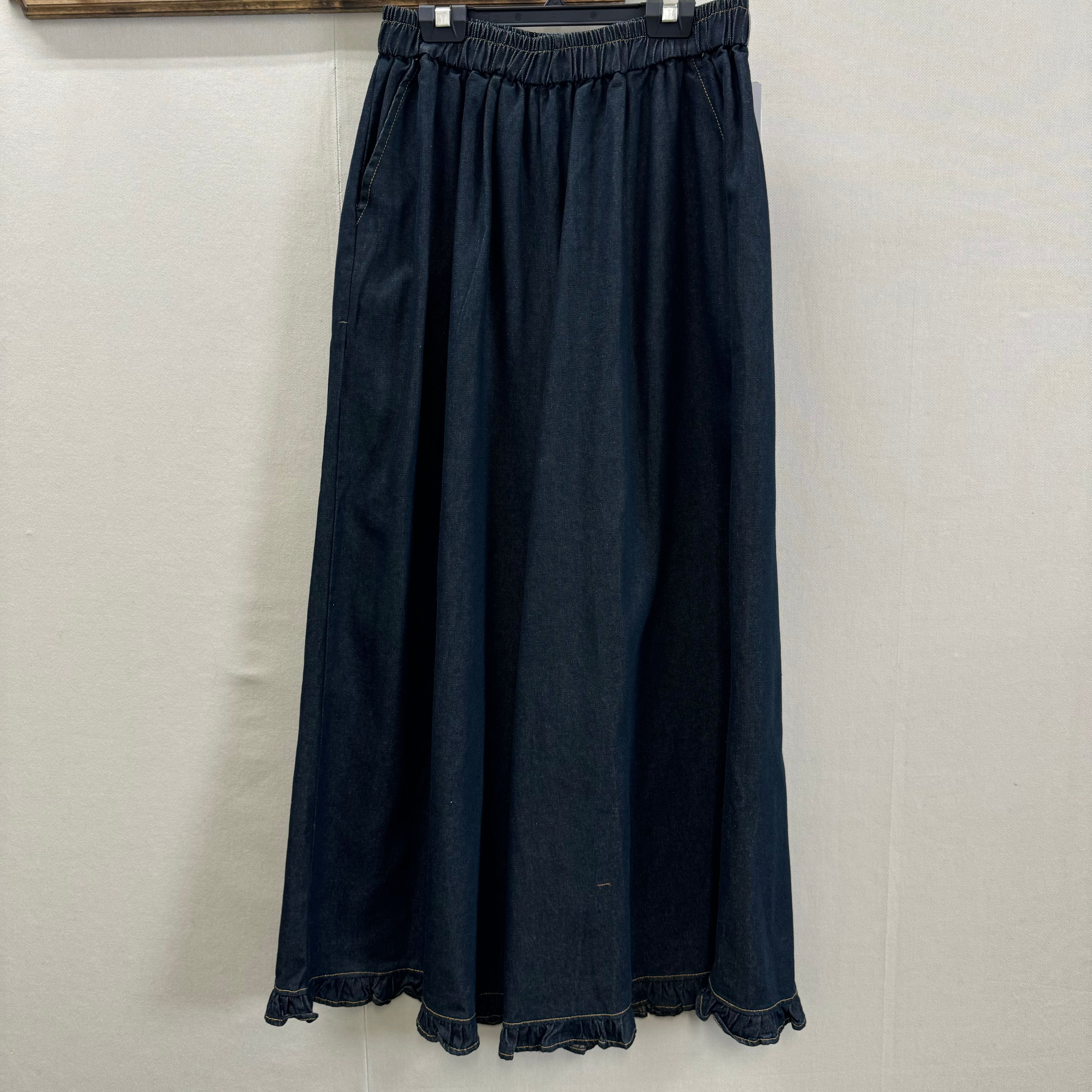 デニム裾フリルワイドパンツ -ネイビー- ※10/29-11/4より順次発送予定