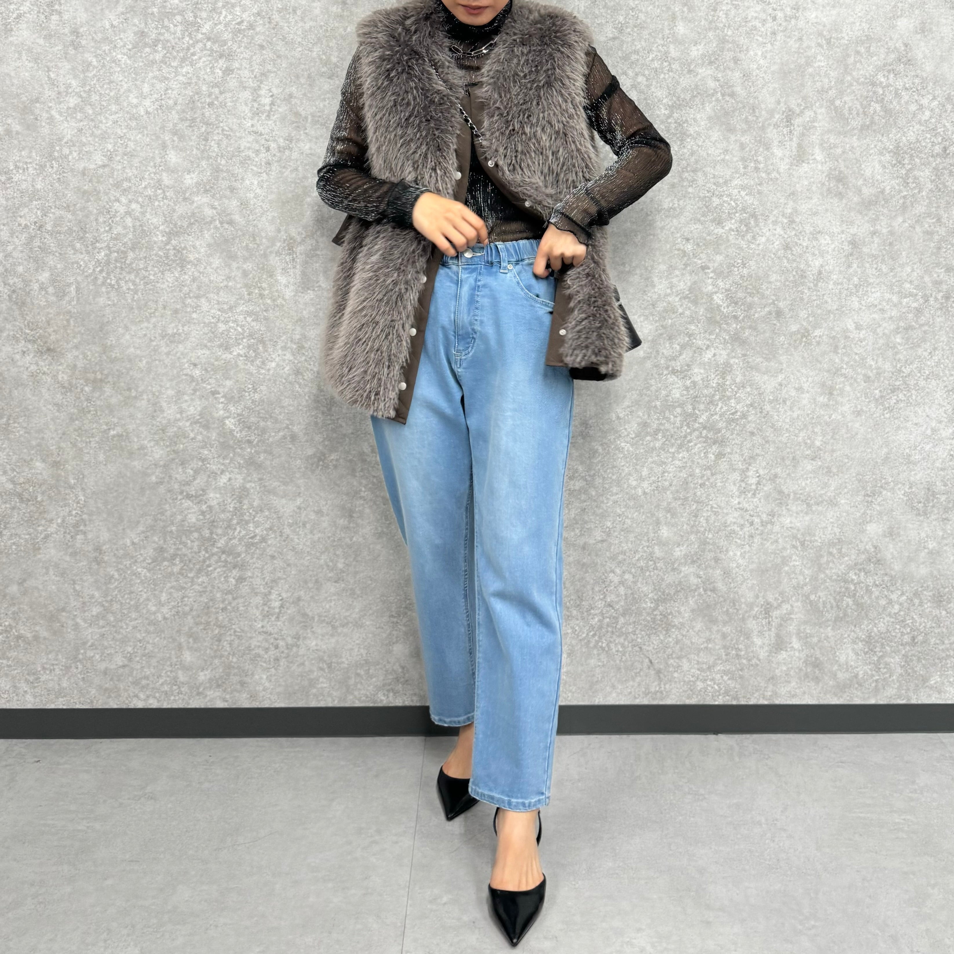 【PRIORITY】デニムパンツ  サックス  裏起毛 38サイズ  ※9月下旬より順次発送