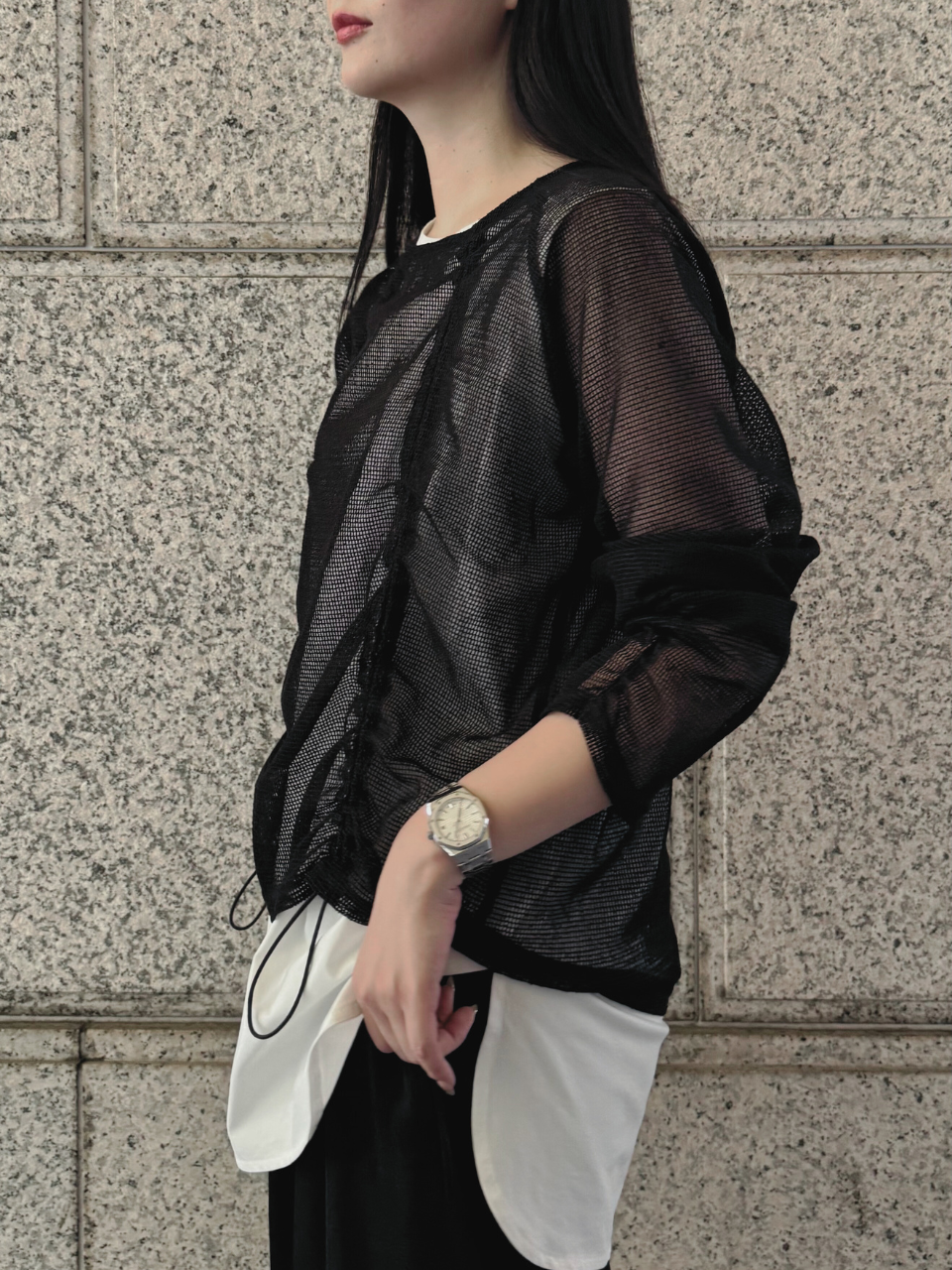 【ASYMM】TWIST LINE MESH TOPS -black-