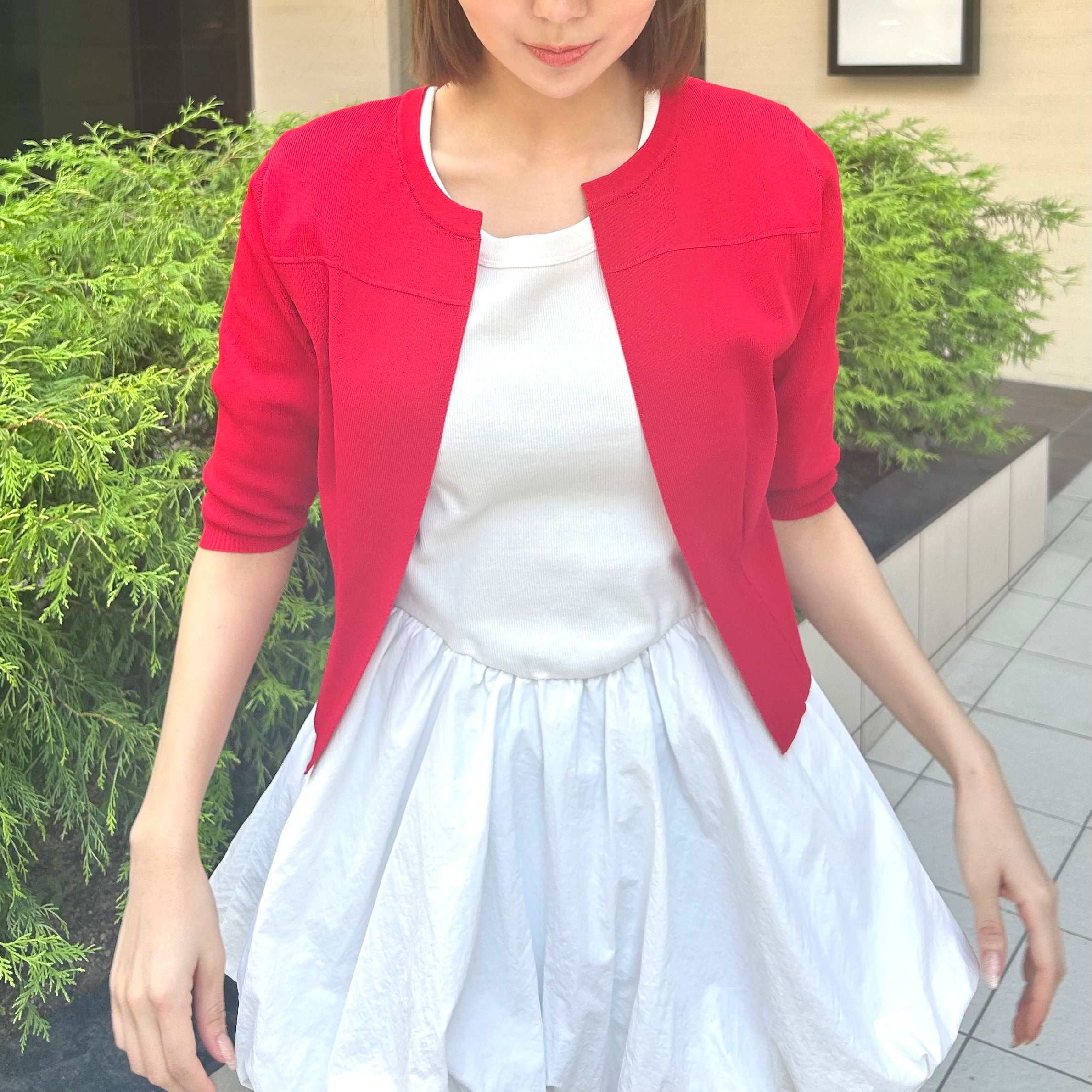 5部袖タック入りカーディガン -レッド- ※8/6〜12迄に順次発送予定