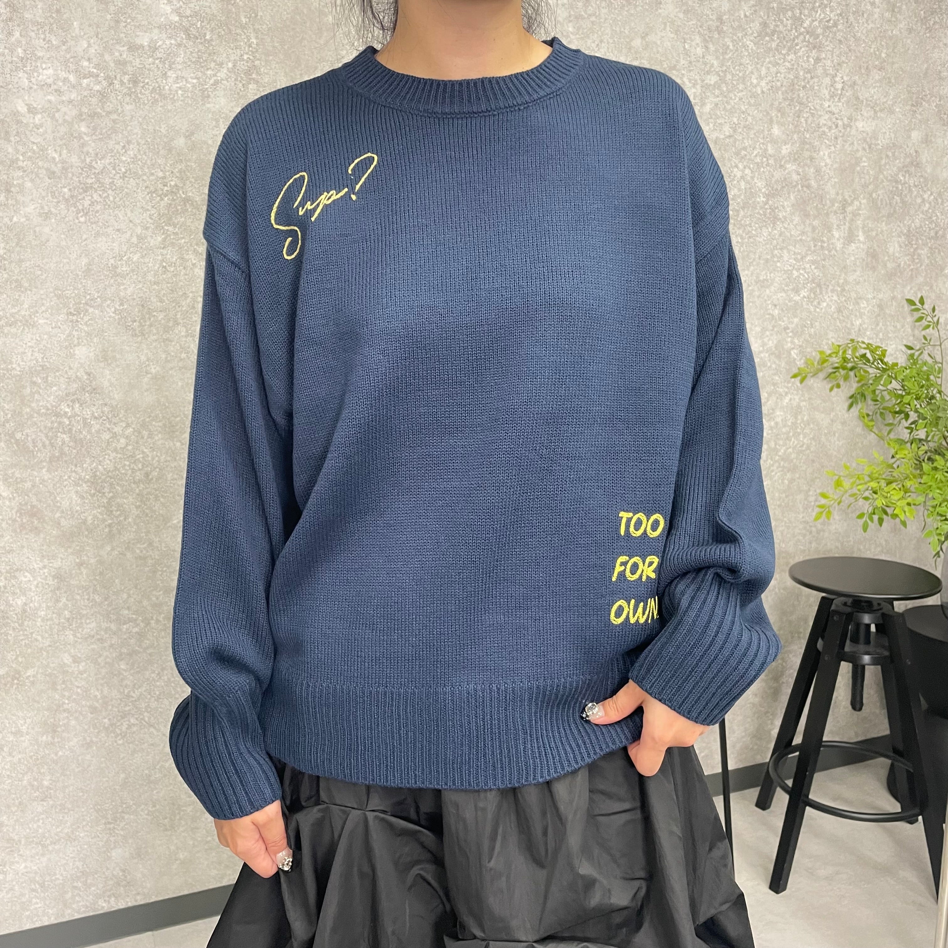 ロゴ刺繍ニットプルオーバー ネイビー ※1/21-27頃より順次発送予定