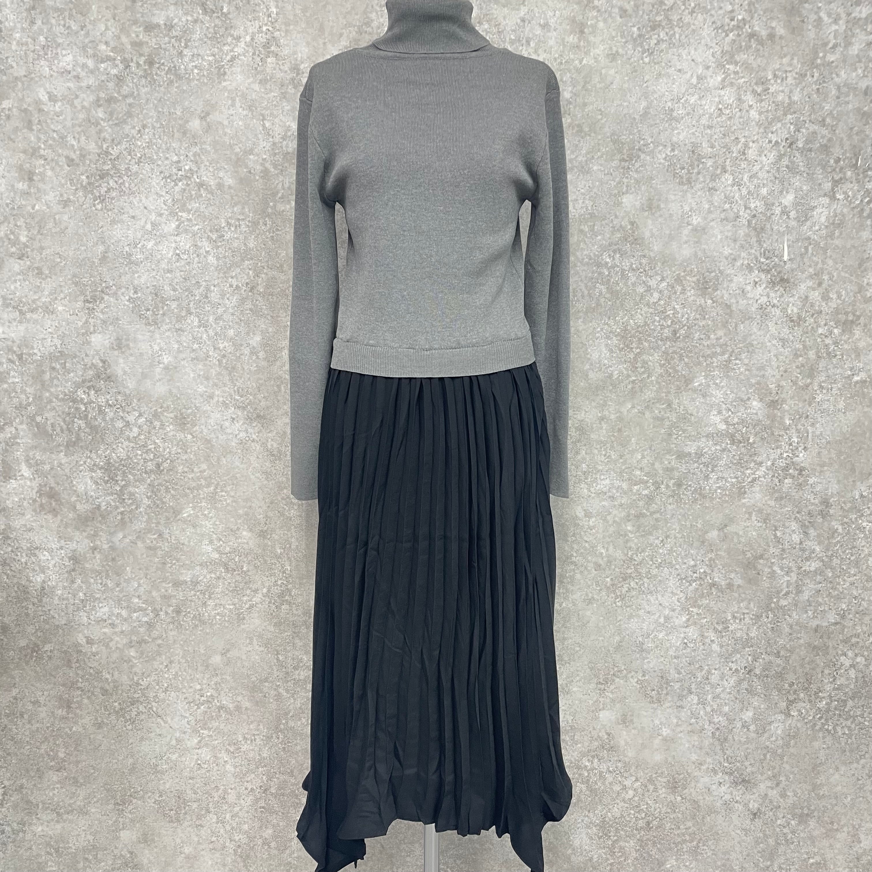 ニット×プリーツ ドッキングワンピース -グレー- ※10/22~28頃より順次発送 ※ハンガー納品