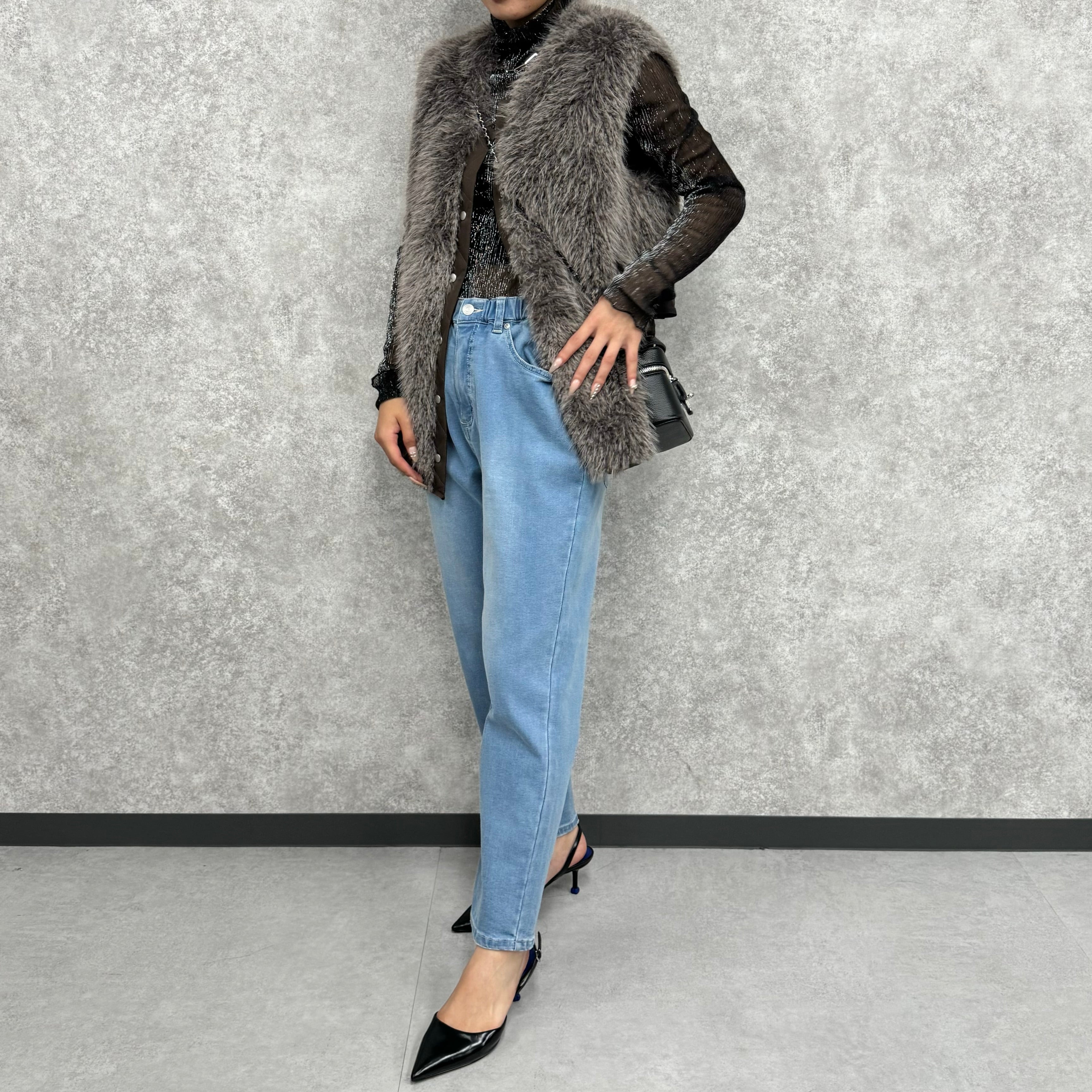 【PRIORITY】デニムパンツ  サックス  裏起毛 38サイズ  ※9月下旬より順次発送