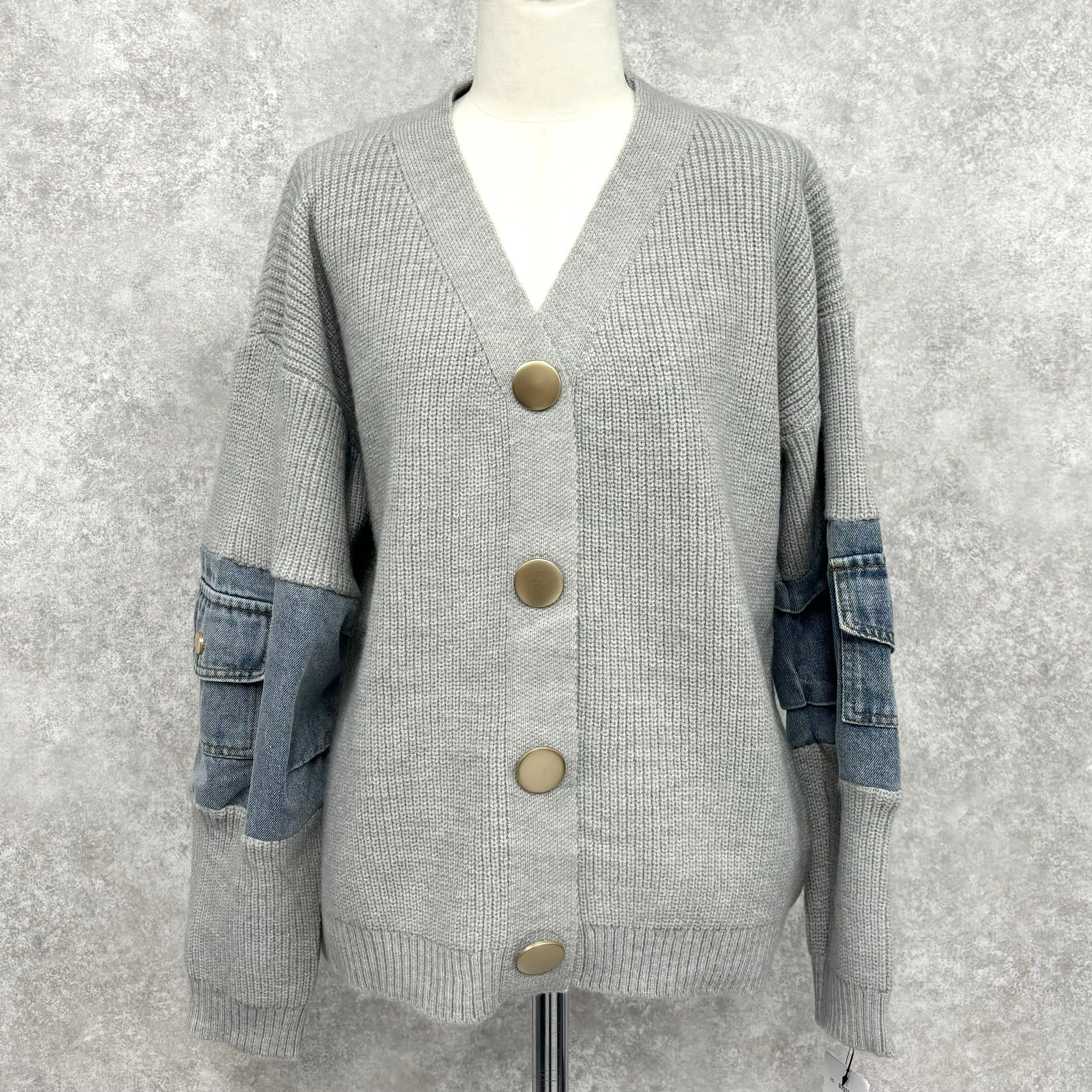 ブロック配色ニットカーディガン ライトグレー ※10/29~11/4より順次発送予定