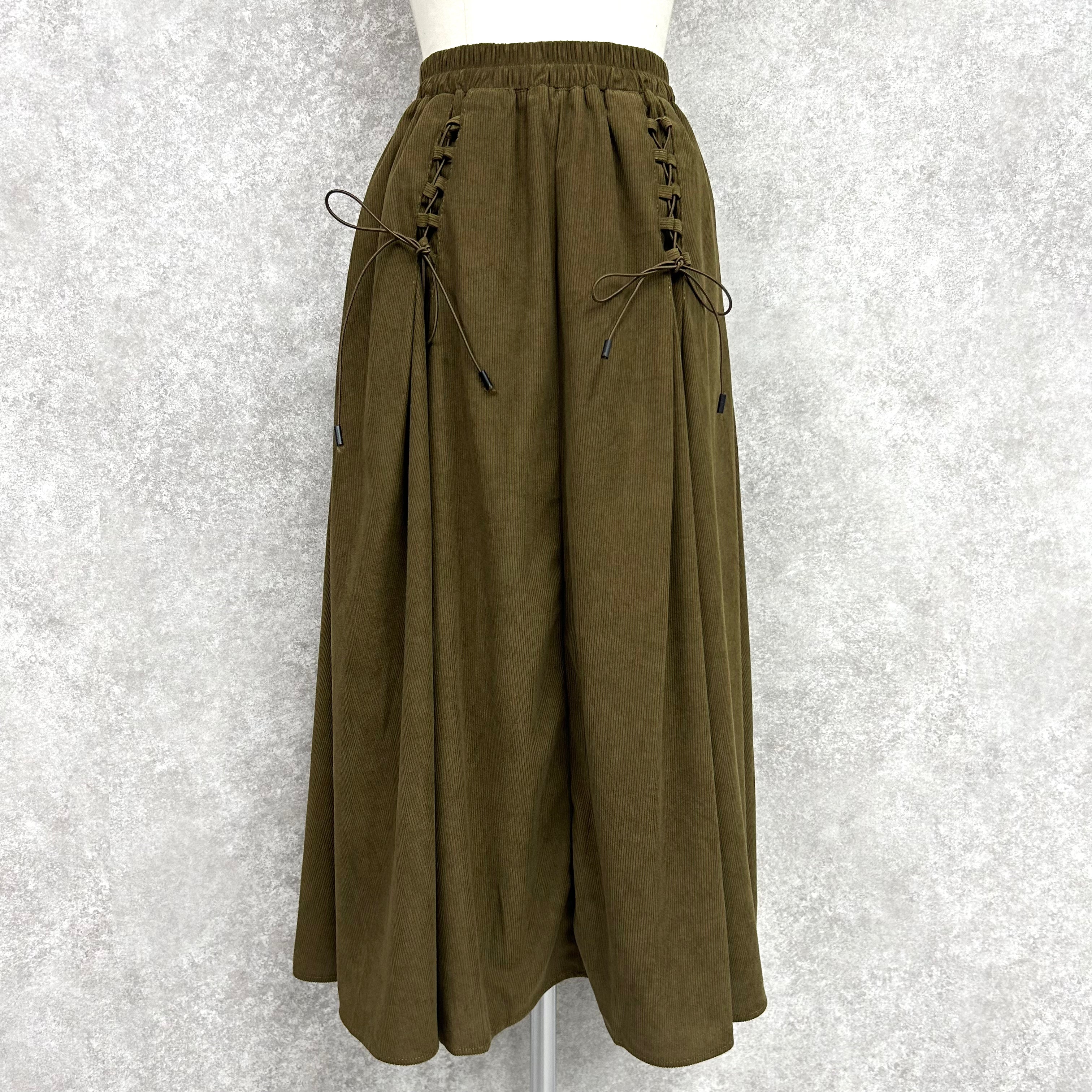 コーデュロイ編み上げスカート -カーキ- ※10/15〜21より配送予定