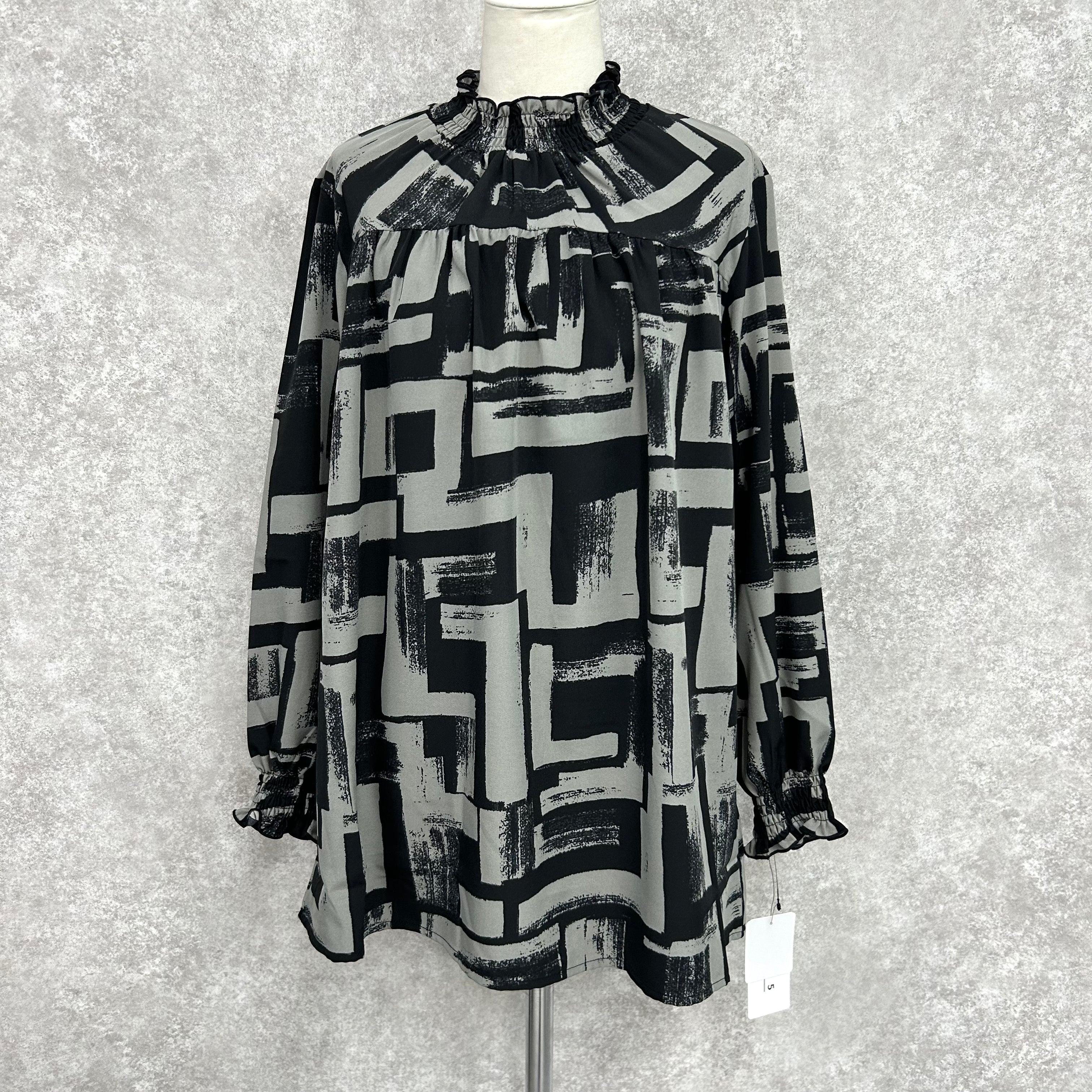 幾何柄ギャザートップス -グレー- ※10/15-21頃より順次配送予定