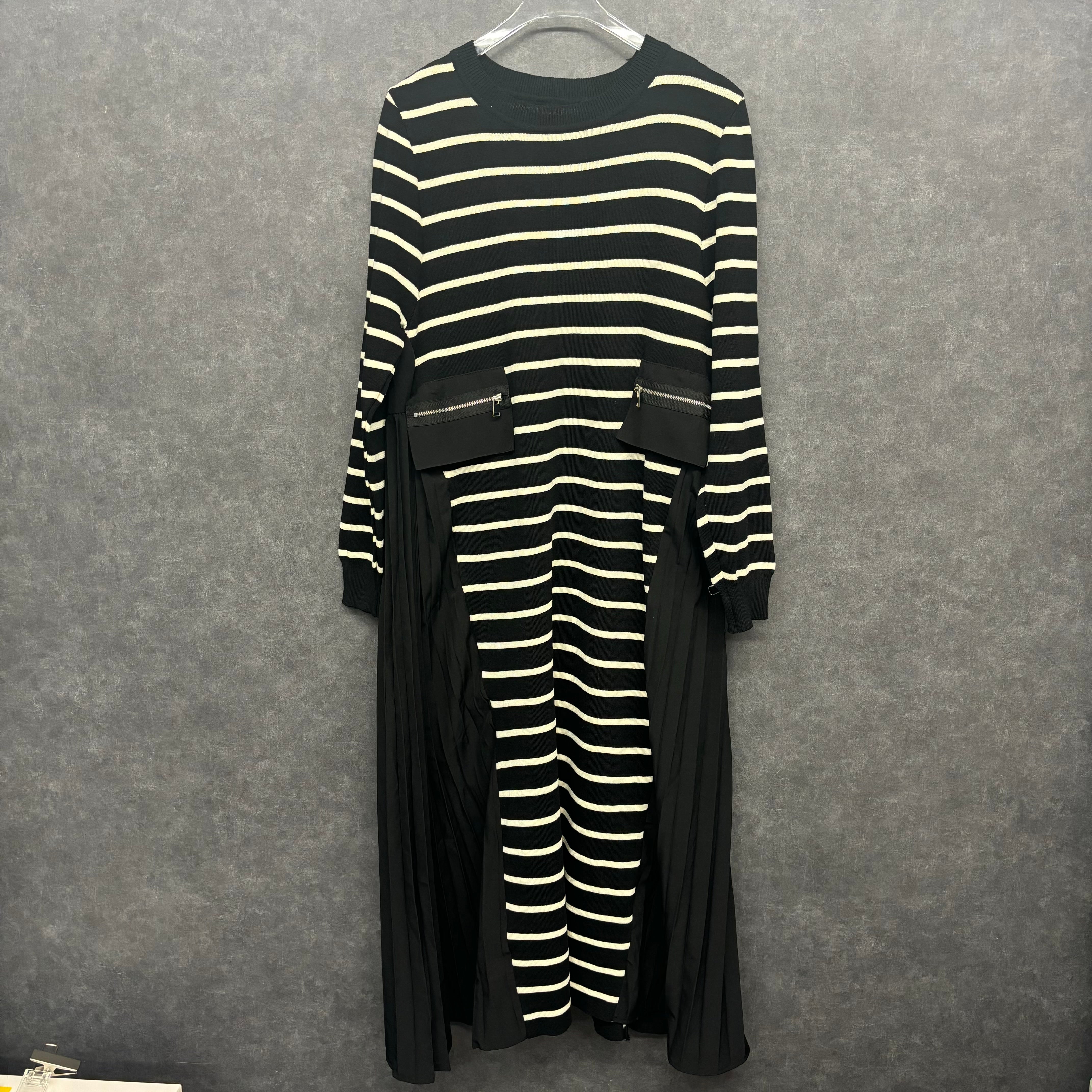 【予約】サイドプリーツボーダーワンピース ブラック ※11月下旬~12月上旬頃より順次配送予定