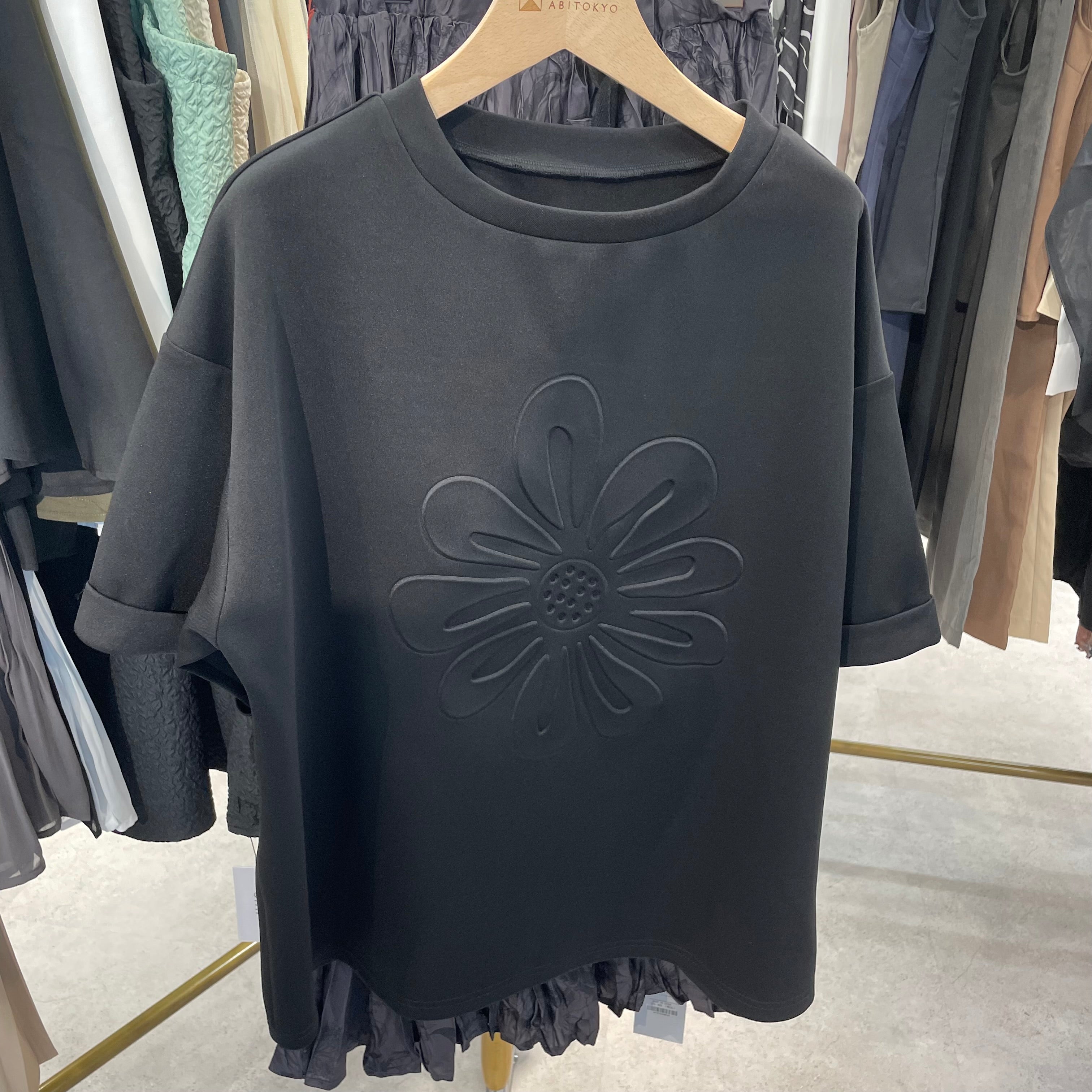 【ABITOKYO】五分袖フラワー柄エンボス加工ビックTシャツ ブラック ※5/28-6/3より順次発送