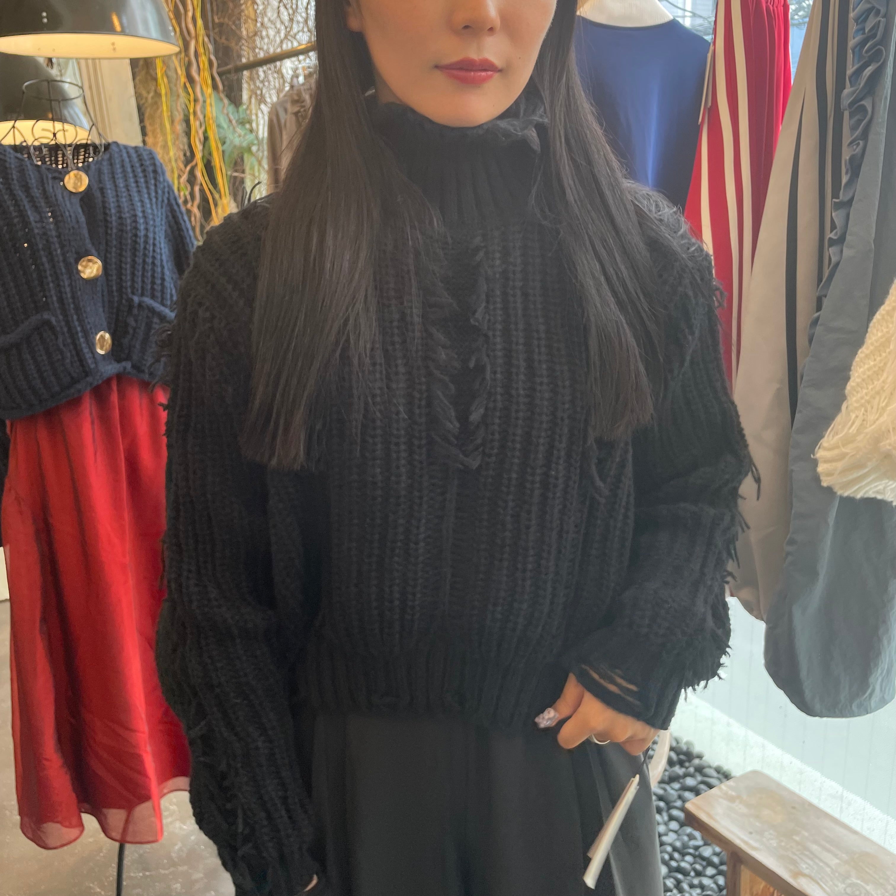 【terrace】ダメージフリンジニットPO -ブラック- ※10/15-21より順次配送予定