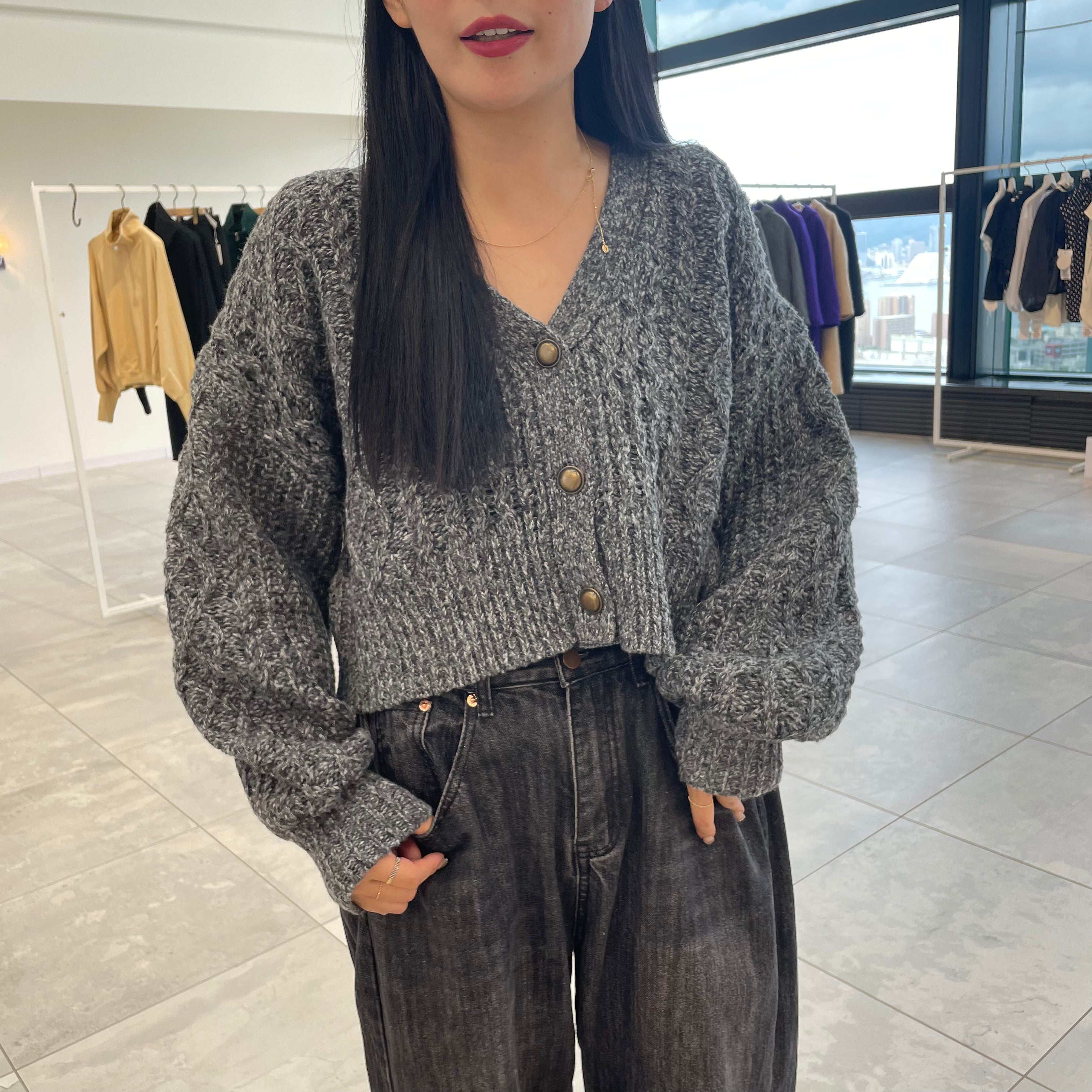 【洗える】カーディガン ケーブル編み Vネック 019 ブラック ※11月上旬〜中旬頃より配送予定