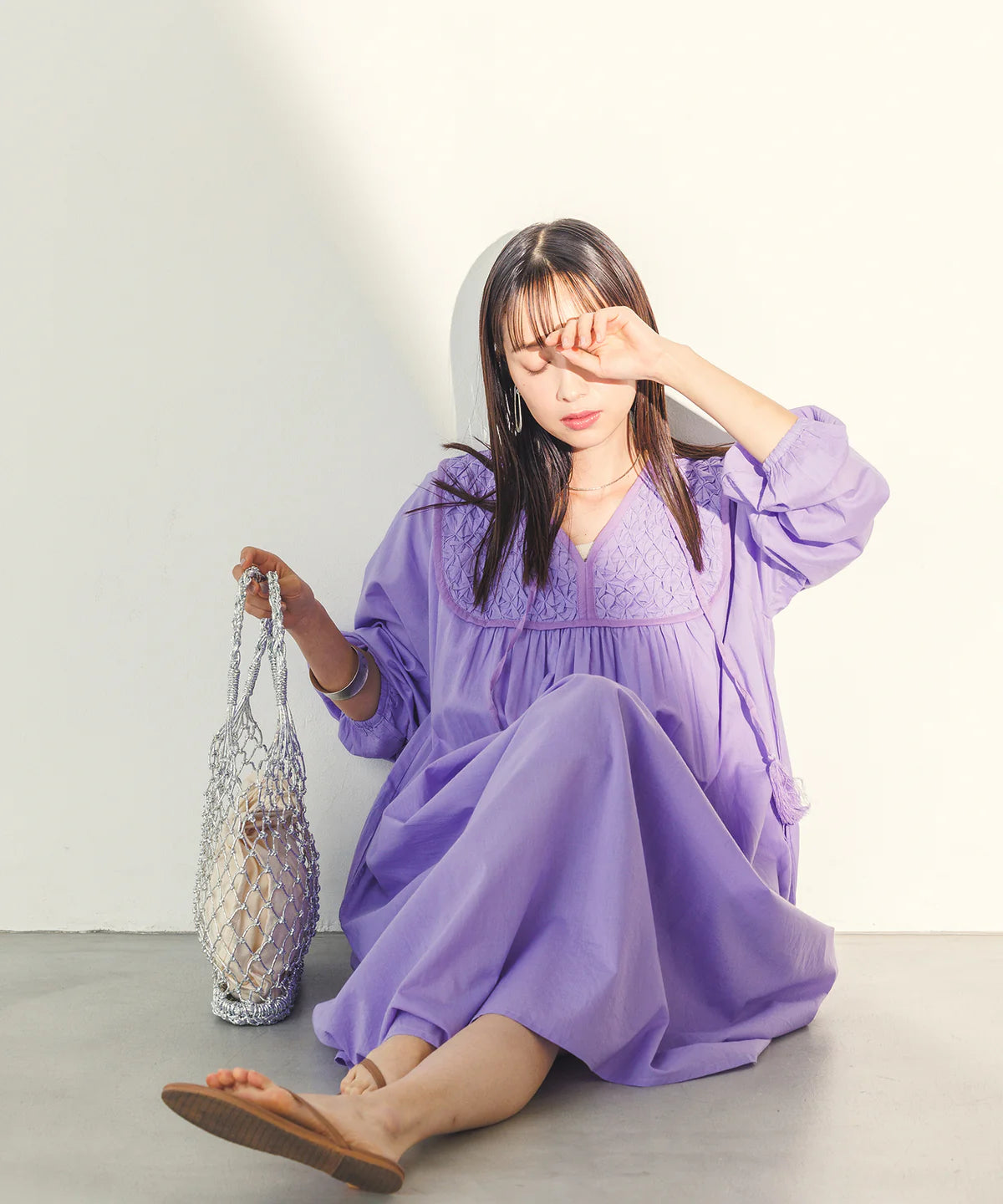 【hunch】ハンドスモッキングワンピース  -パープル- ※8/27-9/2より順次配送予定