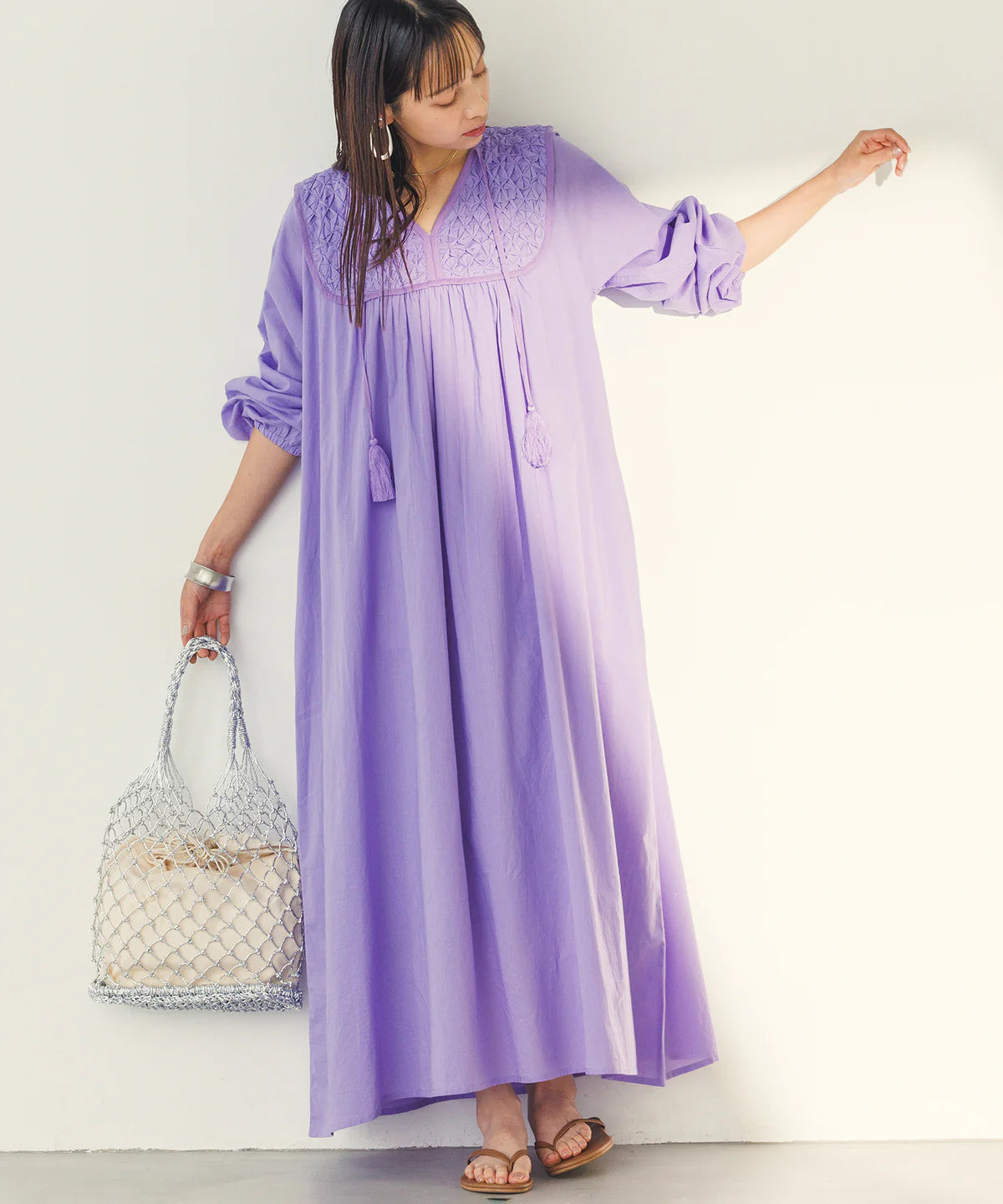 【hunch】ハンドスモッキングワンピース  -パープル- ※8/27-9/2より順次配送予定