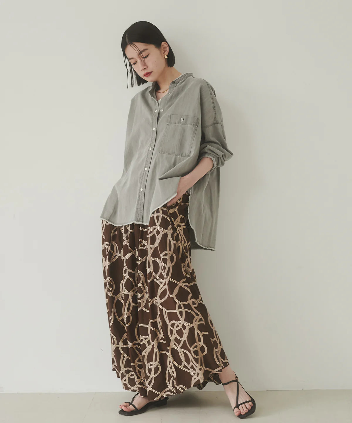 【hunch】ジオメ柄プリントフレアスカート  -ブラウン系- ※8/27-9/2より順次配送予定