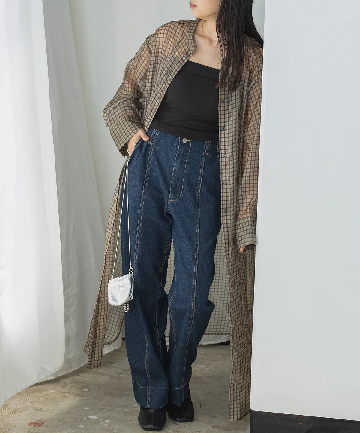 【hunch】シアーチェック バンドカラーシャツワンピース  -ベージュ- ※8/27-9/2より順次配送予定