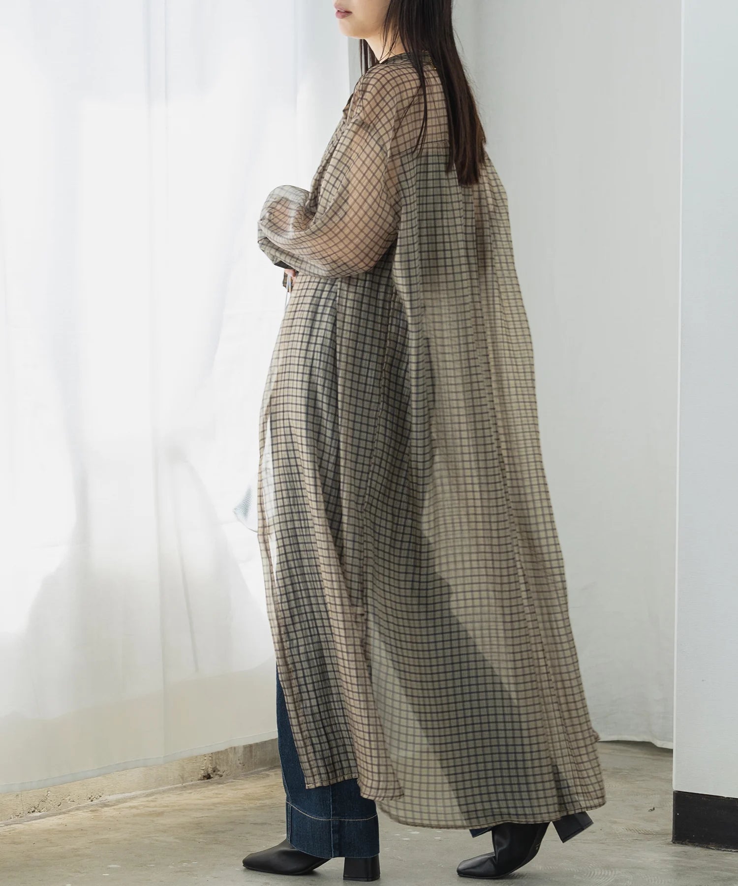 【hunch】シアーチェック バンドカラーシャツワンピース  -ベージュ- ※8/27-9/2より順次配送予定