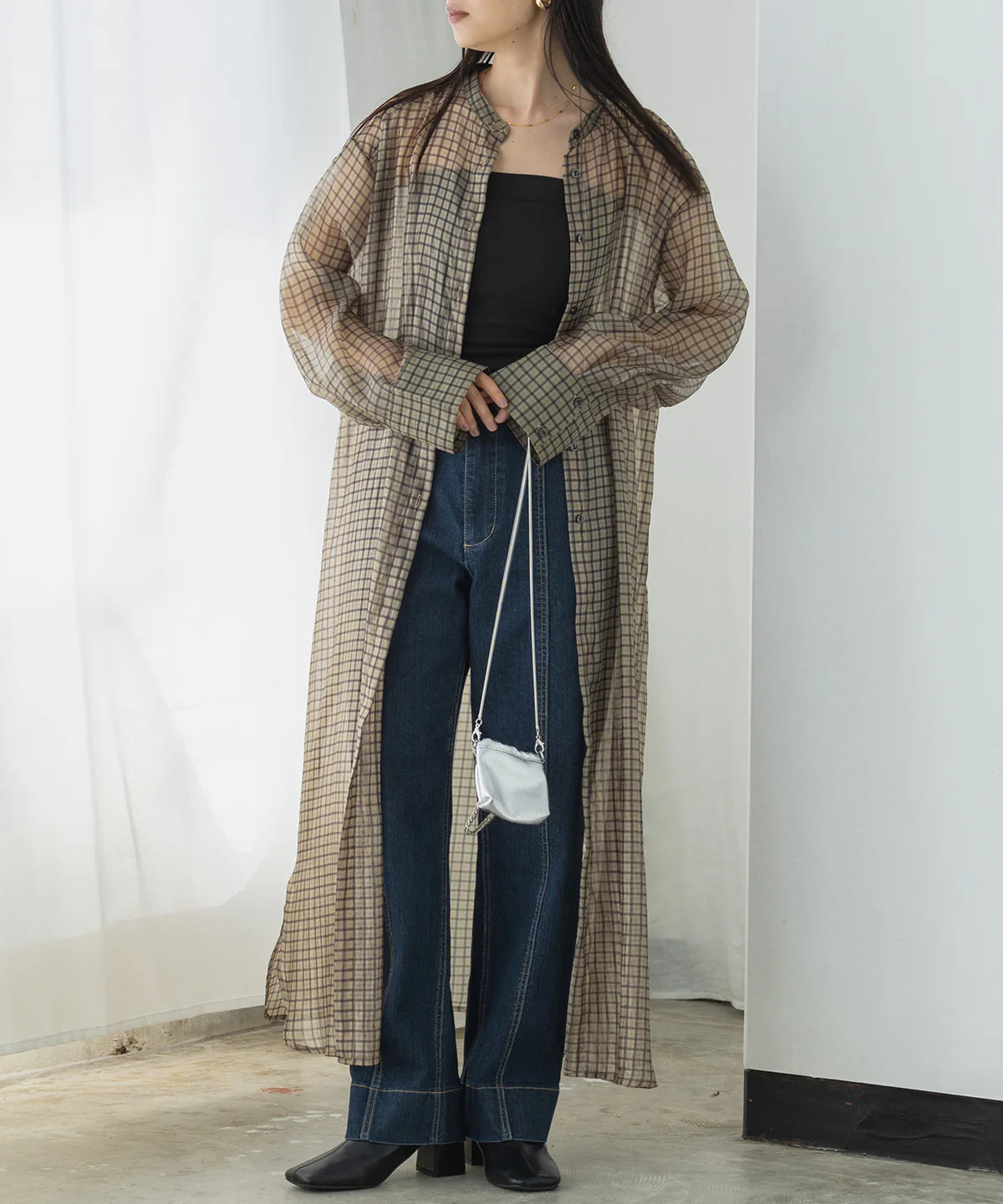 【hunch】シアーチェック バンドカラーシャツワンピース  -ベージュ- ※8/27-9/2より順次配送予定