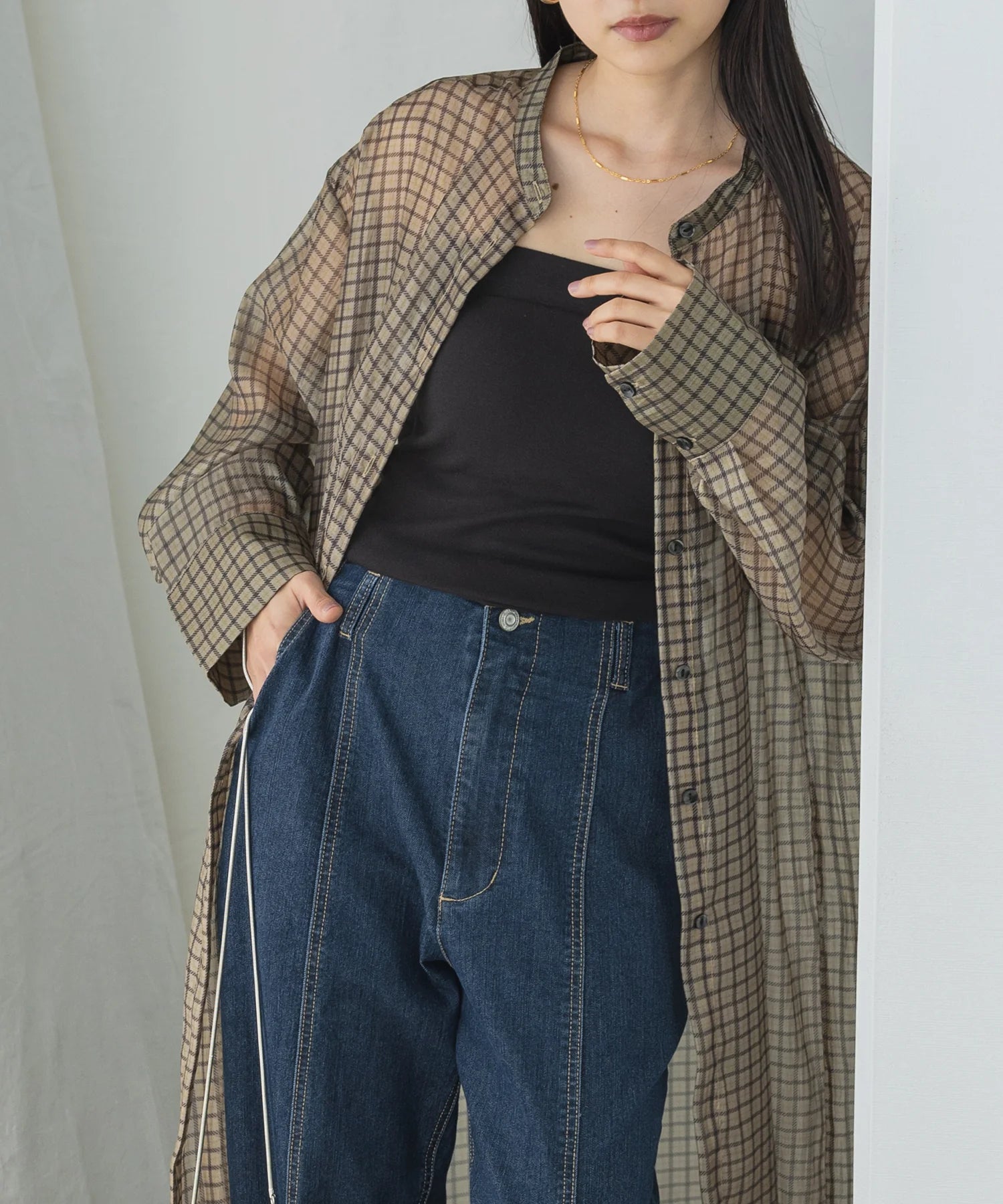 【hunch】シアーチェック バンドカラーシャツワンピース  -ベージュ- ※8/27-9/2より順次配送予定