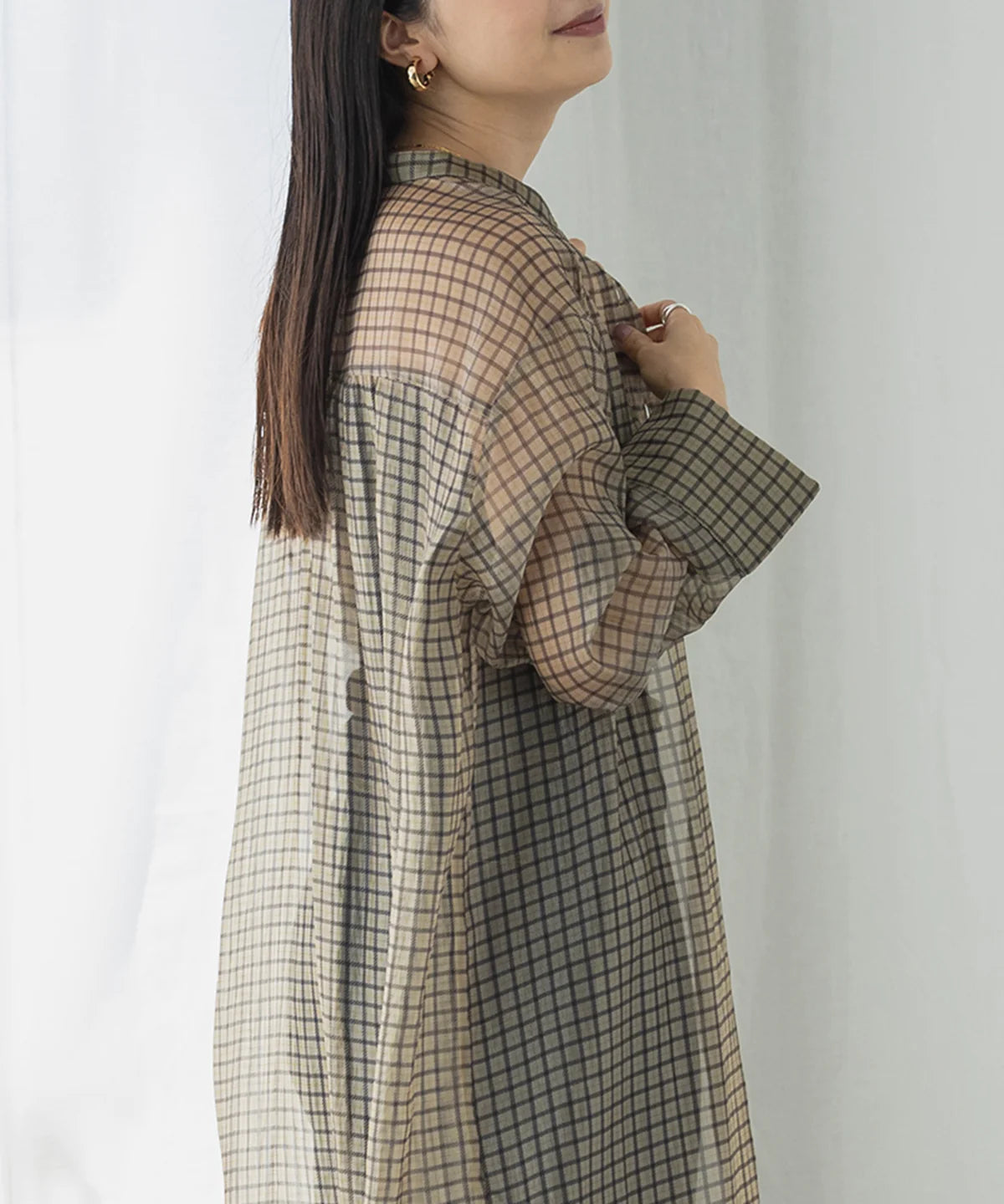 【hunch】シアーチェック バンドカラーシャツワンピース  -ベージュ- ※8/27-9/2より順次配送予定