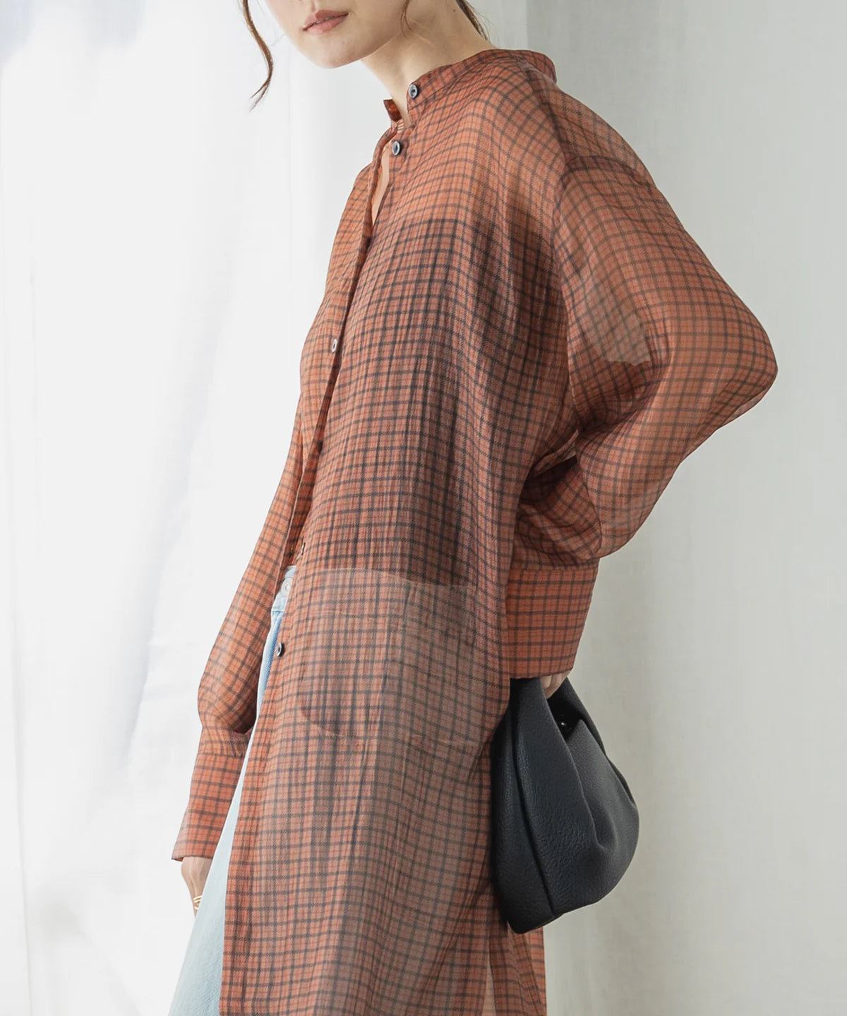 【hunch】シアーチェック バンドカラーシャツワンピース  -ブラウン- ※8/27-9/2より順次配送予定