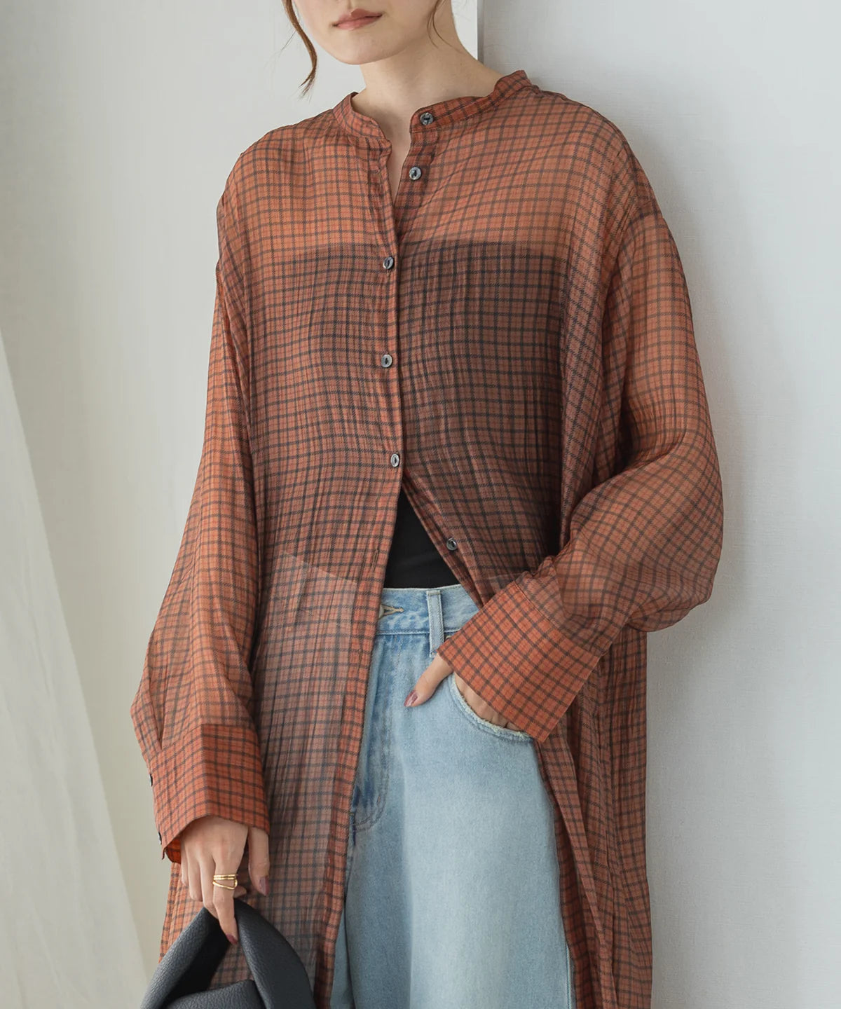 【hunch】シアーチェック バンドカラーシャツワンピース  -ブラウン- ※8/27-9/2より順次配送予定