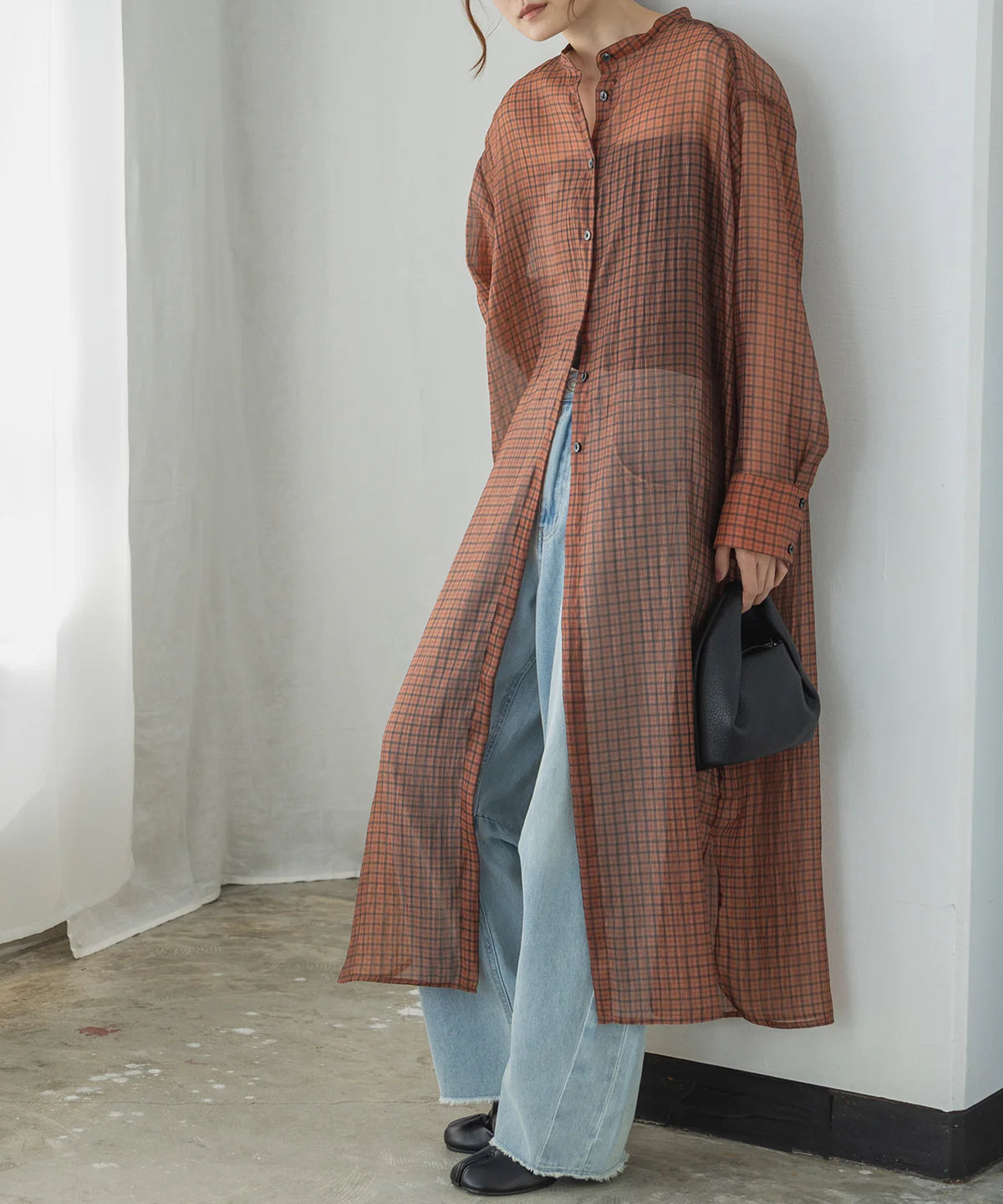 【hunch】シアーチェック バンドカラーシャツワンピース  -ブラウン- ※8/27-9/2より順次配送予定