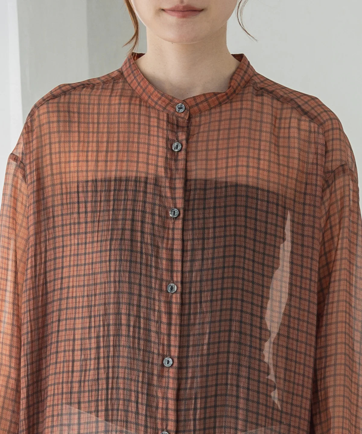 【hunch】シアーチェック バンドカラーシャツワンピース  -ブラウン- ※8/27-9/2より順次配送予定