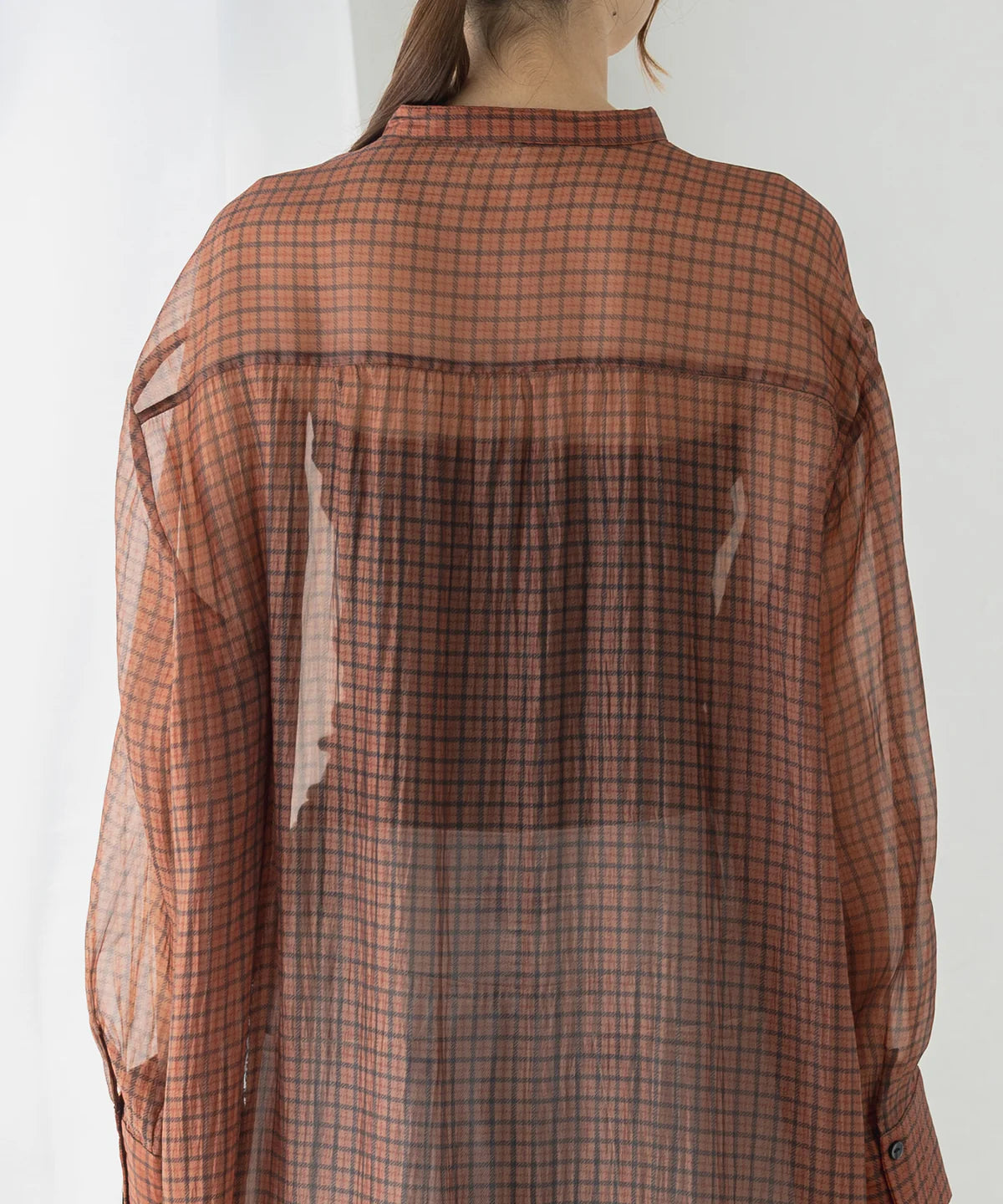 【hunch】シアーチェック バンドカラーシャツワンピース  -ブラウン- ※8/27-9/2より順次配送予定