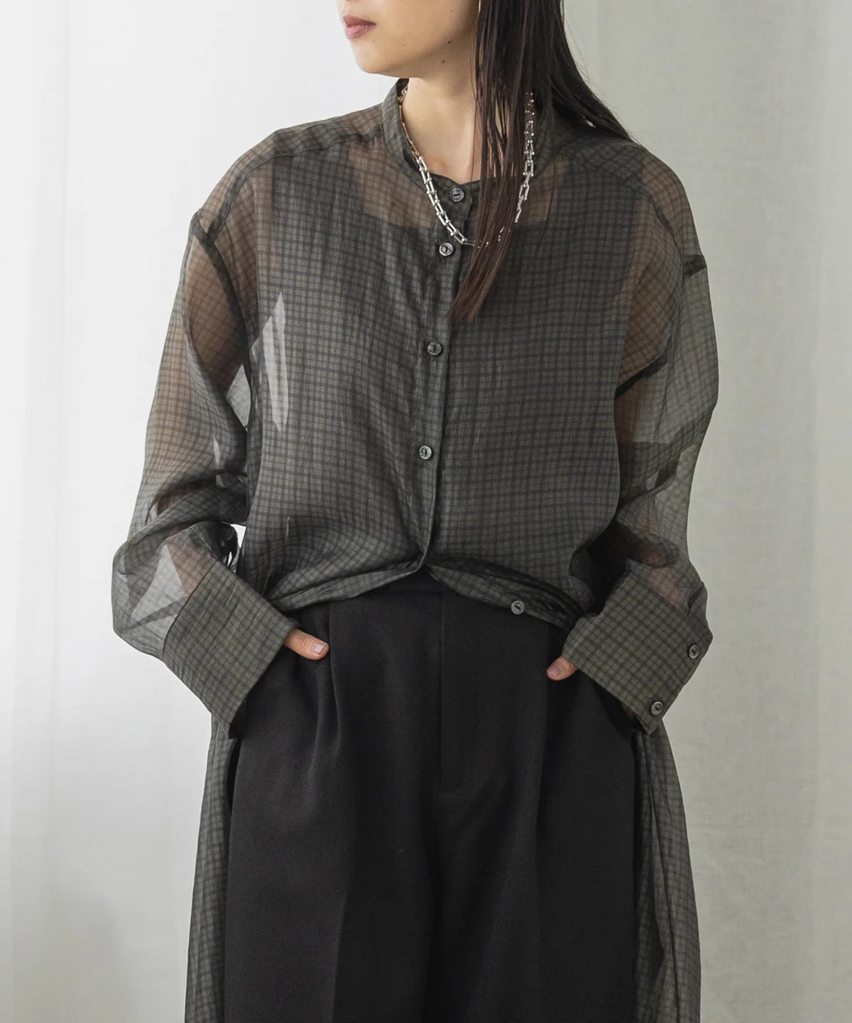 【hunch】シアーチェック バンドカラーシャツワンピース  -ダークカーキ- ※8/27-9/2より順次配送予定